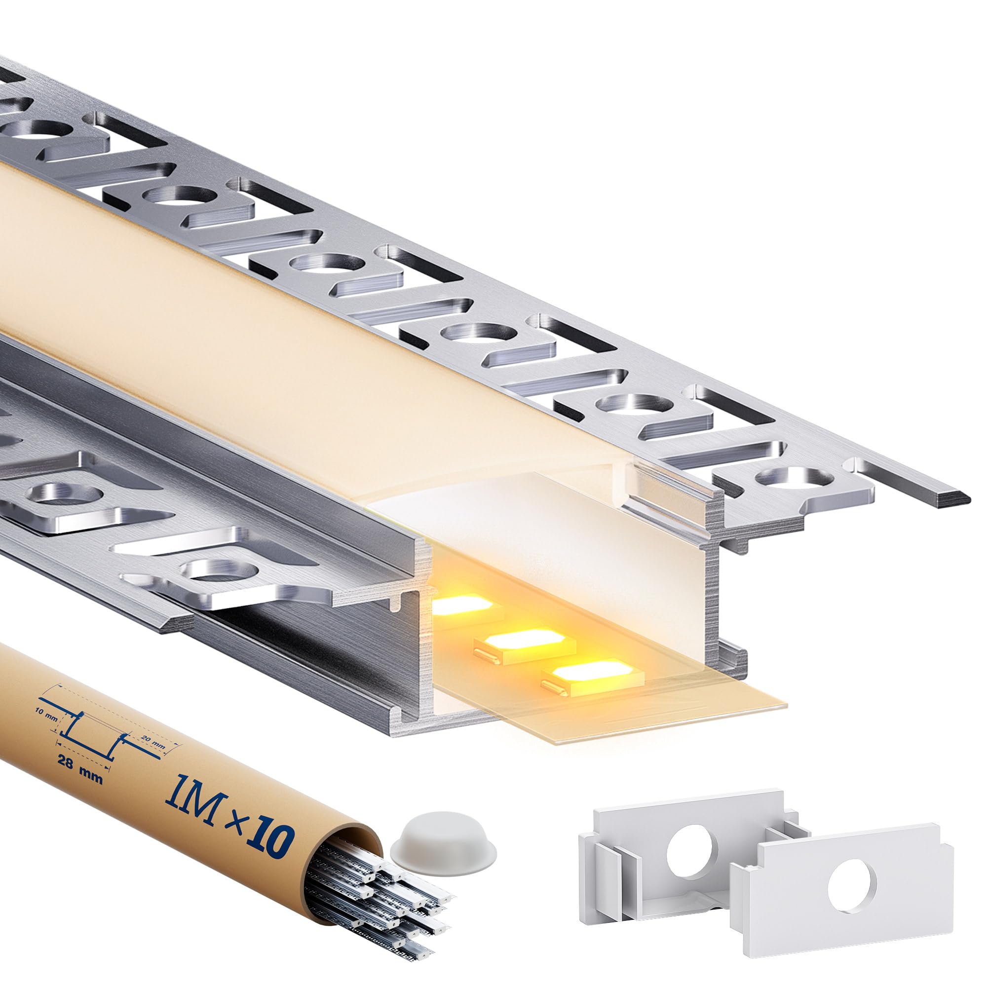 GEEKLUX Profilo Led Cartongesso 1 m 10 pz, Profilo Alluminio per Strisce Led Larghezza Massima 20 mm, Canalina Led che Diffonde Uniformemente la Luce (SA01, 1m 10pz)