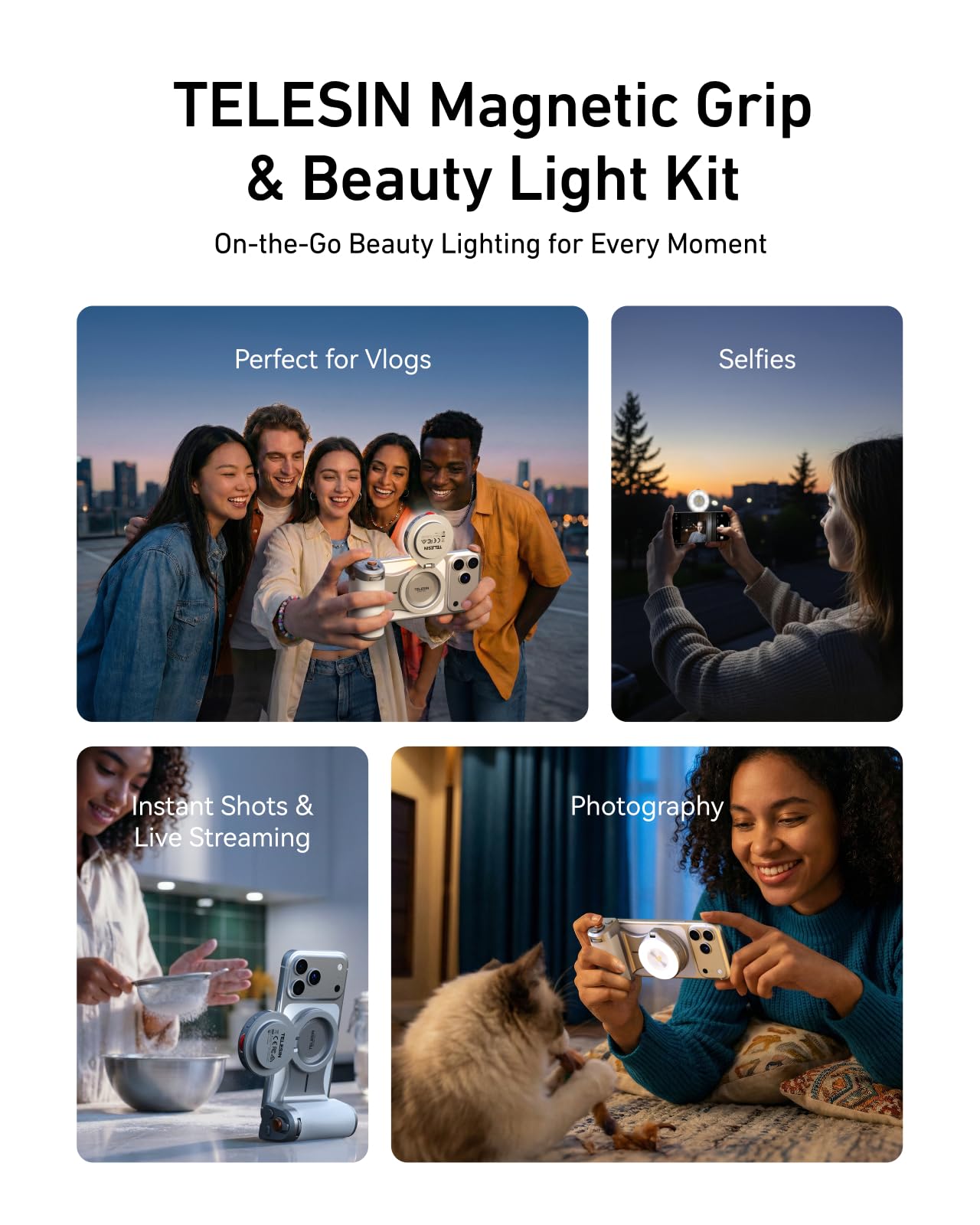 TELESIN Pro Imaging Master Grip + Luce Flash per Selfie | Stile DSLR, Magnetica Impugnatura Ergonomica, 5000 lux Luce Flash | Kit MagSafe per la Creazione di Contenuti per iPhone/Android,Vlog,YouTube