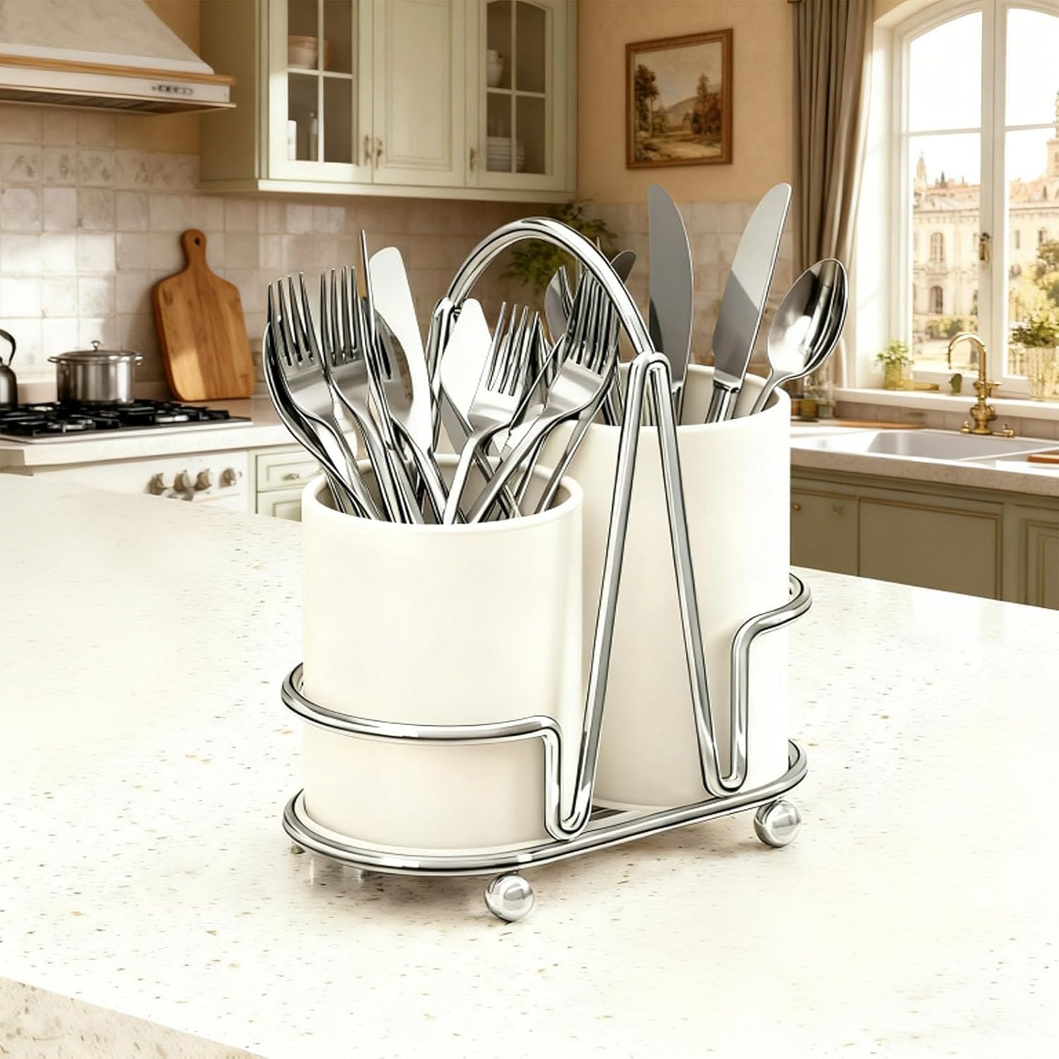 Compartment Utensil Drainer Rack, Beige White Silverware Holder For Countertop, Stainless Steel Frame, 7.9 X 4.3 X 8.1 In Utensil Holder