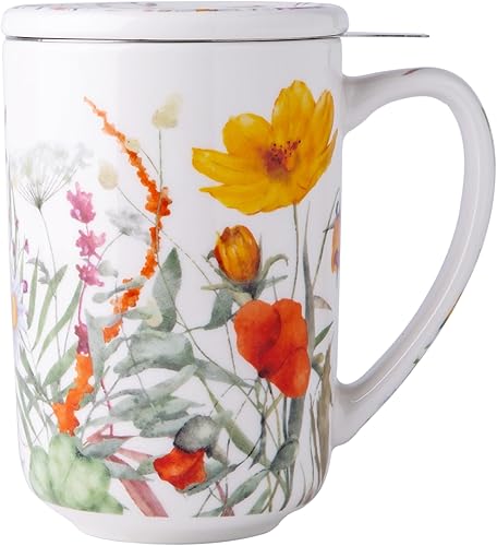 AmorArc Taza de té de porcelana con infusor y tapas, colador de taza de té de 18 onzas con soporte para bolsa de té para té de hojas sueltas, taza