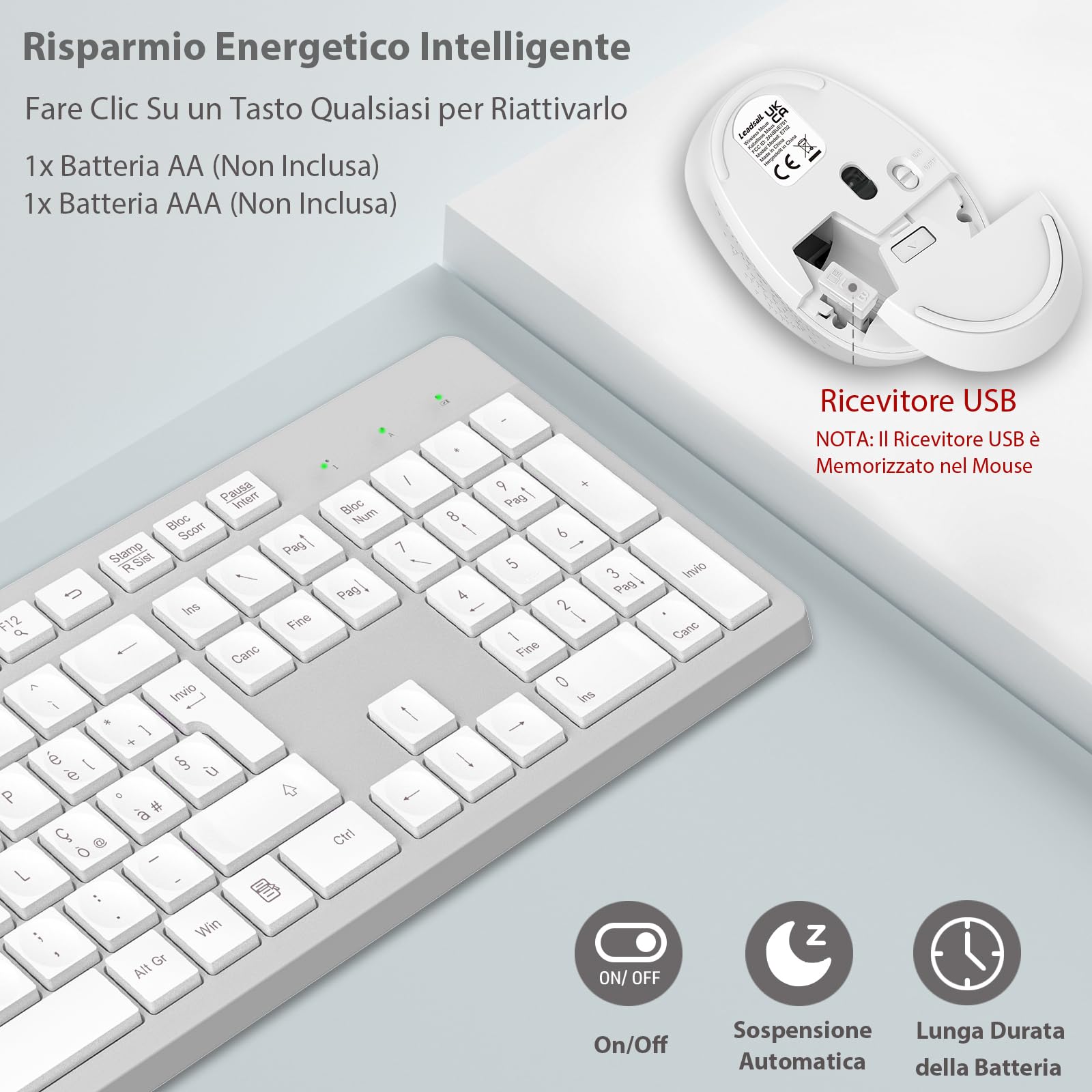 LeadsaiL Kit Tastiera e Mouse Wireless con Tastierino Numerico, Layout Italiano QWERTY, 2,4 GHz USB, Silenzioso, Compatibile con PC, Desktop, Laptop, Computer per Windows, HP, Lenovo, Bianco e Grigio