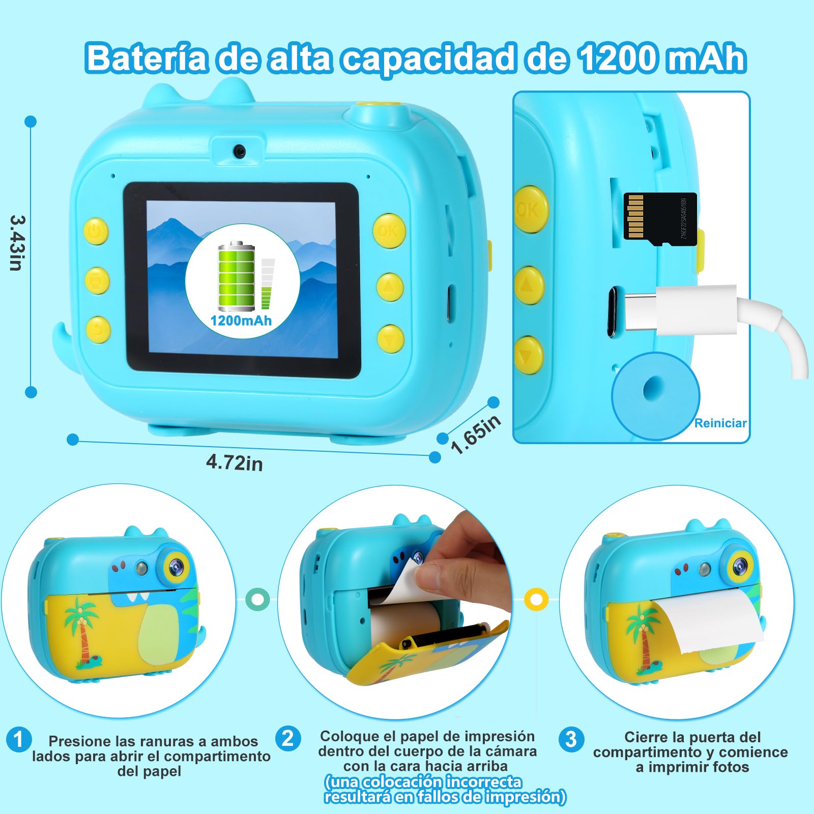 ARNSSIEN Camara Fotos Infantil Instantanea con 7 Rollos de Papel, 2,4 ’‘ Camara Fotos Infantil con Vídeo HD 1080P, Regalo cumpleaños Navidad para niñas y niños de 3 a 12 Años, M3