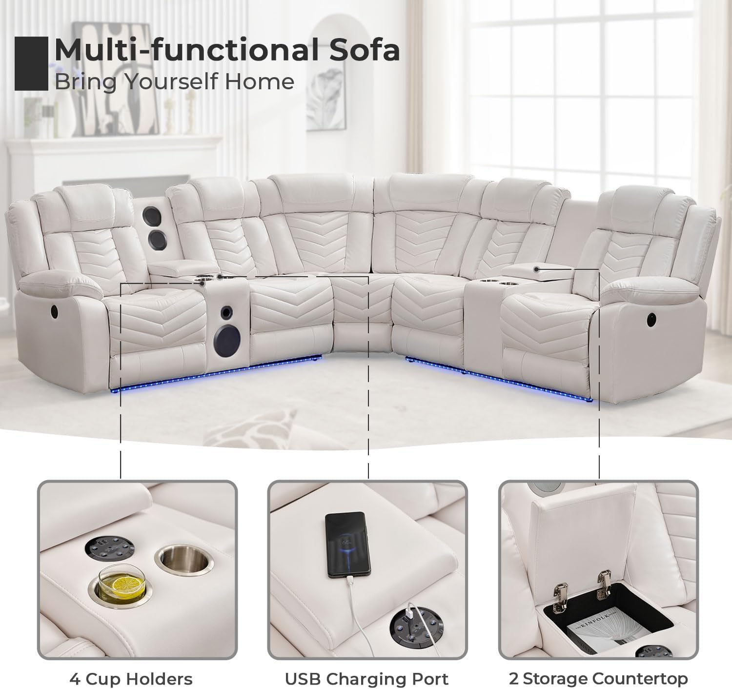 The sectional sofa demonstrating various reclining positions: 115 degrees for reading, 120 degrees for watching TV, and 160 degrees for napping.