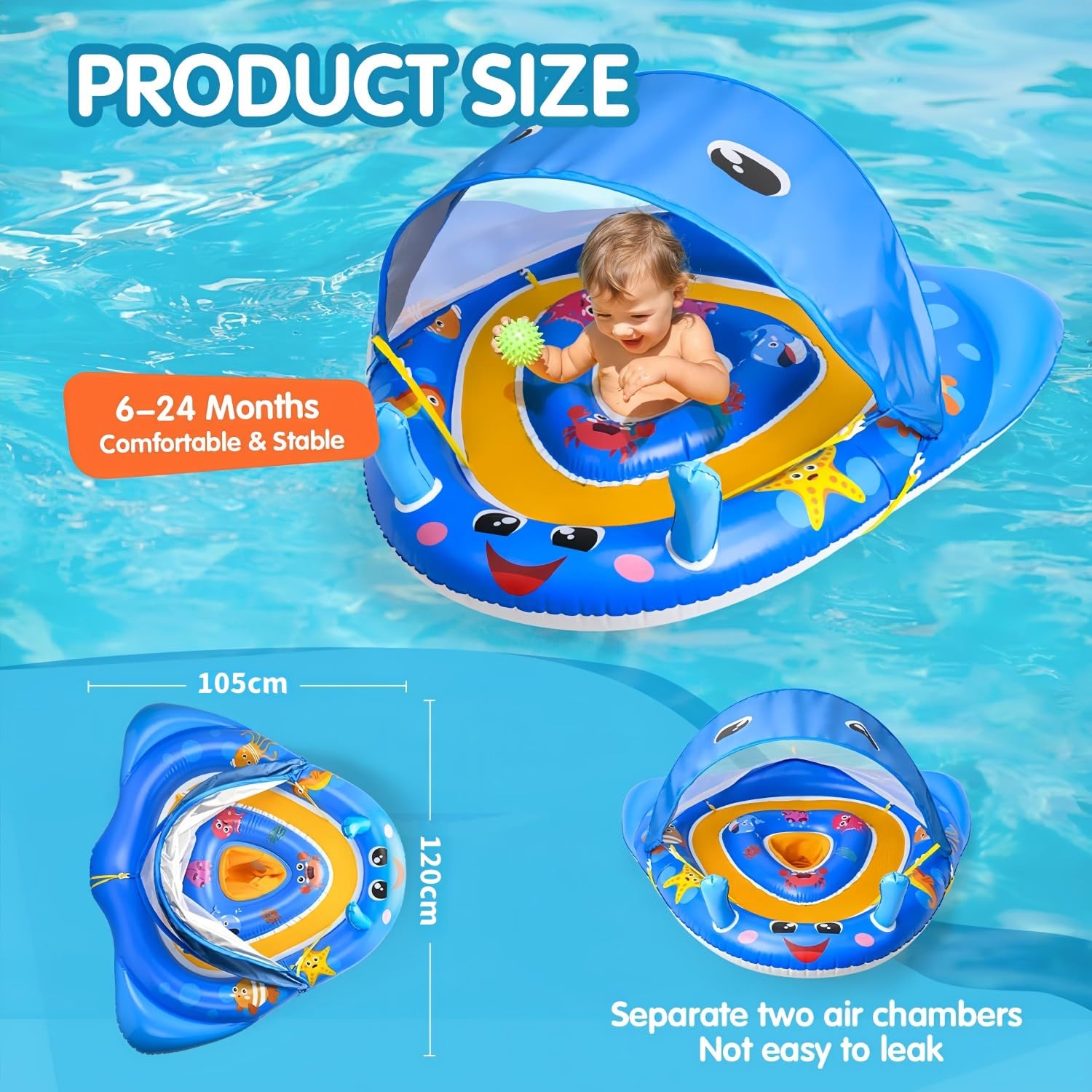 Galleggiante Per Neonati KAHEIGN Con Tettuccio – 120x105 Cm, Gonfiabile, Protezione Solare UPF50+, Per Bambini 3-36 Mesi