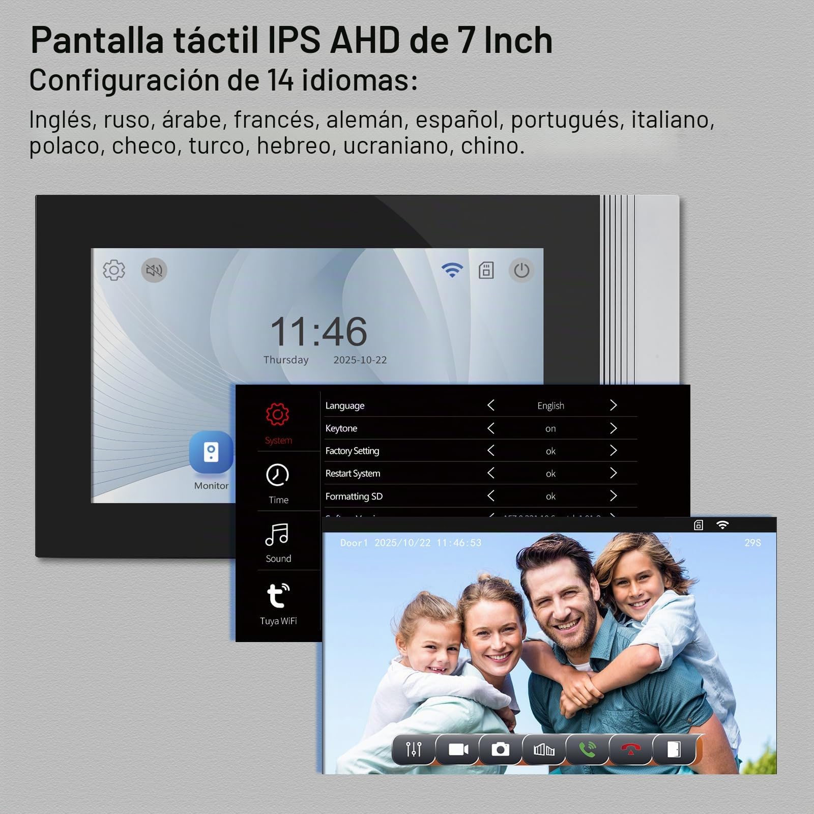 Sistema de Videoportero con Timbre WiFi de 2 Cables, Cámara HD 1080P con Pantalla Táctil Color de 7 Pulgadas, Visión Nocturna, Grabación, Tarjeta RFID/App Tuya Desbloqueo Remoto