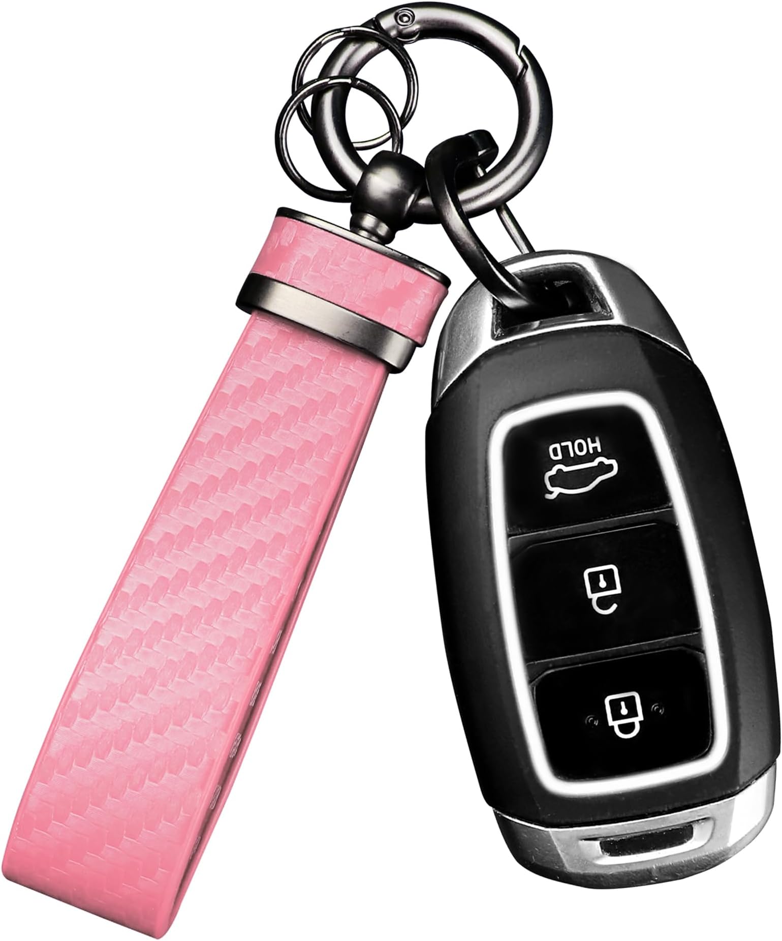Turcee Carbon Fiber Car Keychain,Automotive Interior Accessories Keychains Leather Car Key Fob,Car Accessories Key Ring&Anti-Lost D-Ring(light pink)