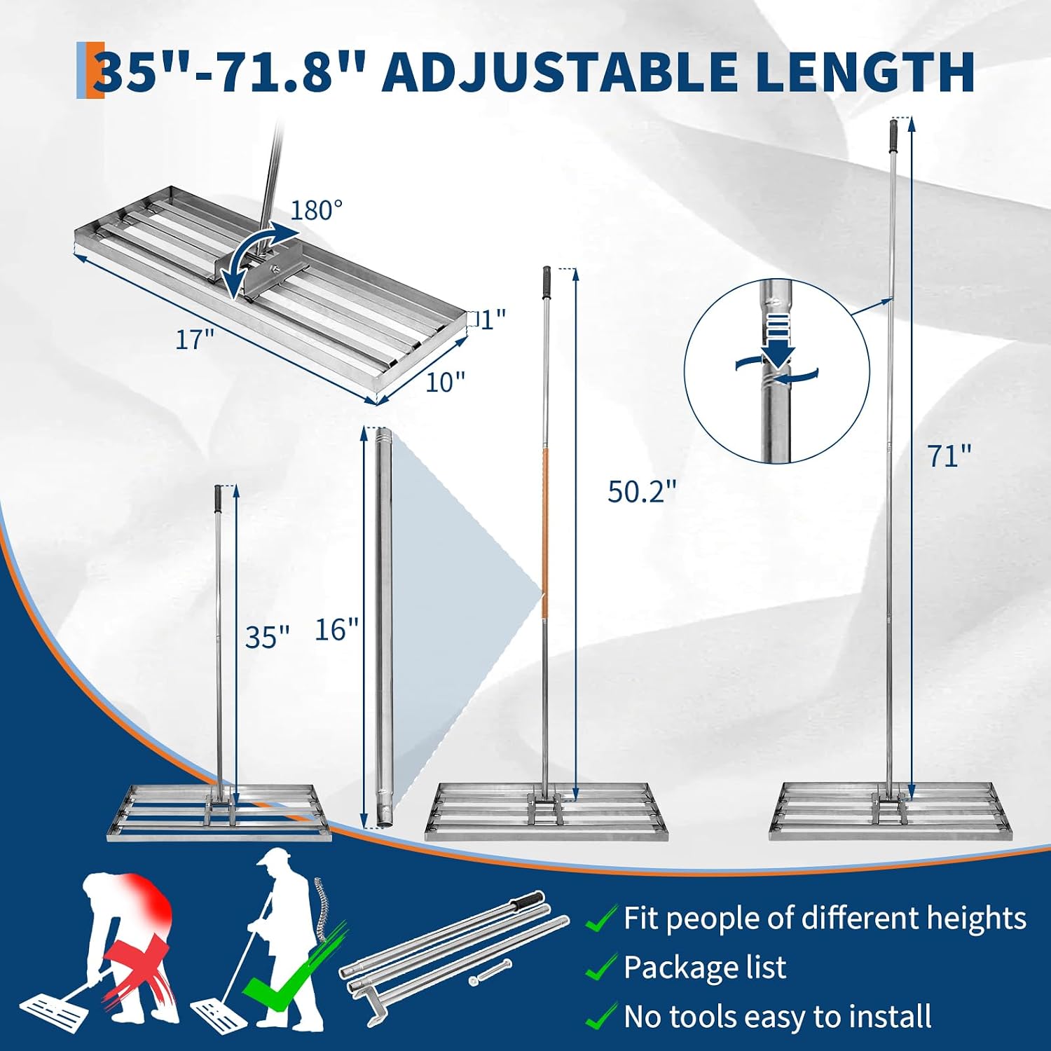 Heavy Duty Lawn Leveling Rake,Stainless Steel Lawn Leveler with Adjustable Long Handle ,Landscape Leveling Tool | Yard Leveling Landscape Rake & Ground Leveler (Sliver Steel 30*10 in)