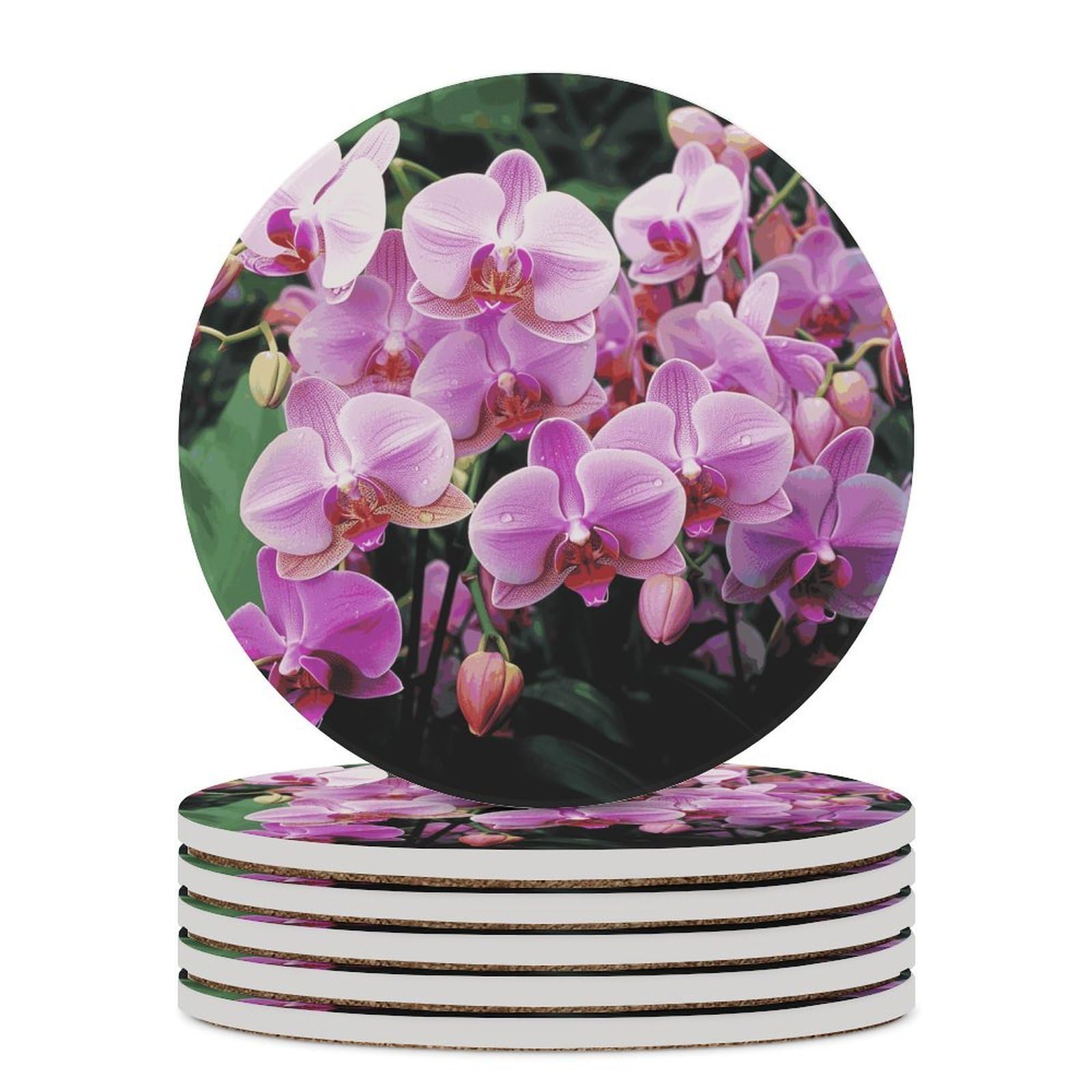 Orchids Coasters for Drinks Absorbing Round Ceramic Stone Coaster with Cork Base Coffee Cup Beverage Table Cup Mat Modern Style Bar Coaster Set for Home Decor