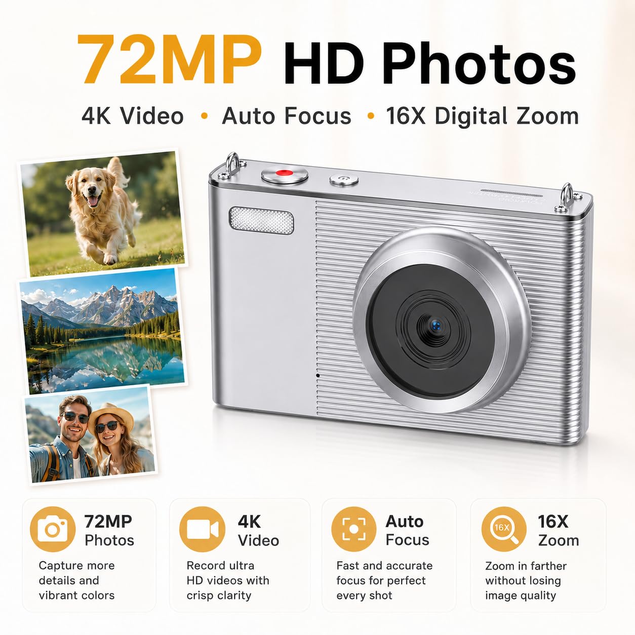 Fotocamera digitale per fotografia, fotocamera 4K 72MP Vlogging, autofocus Point and Shoot fotocamera digitale per adolescenti adulti principianti zoom 16x, scheda 32 GB, argento