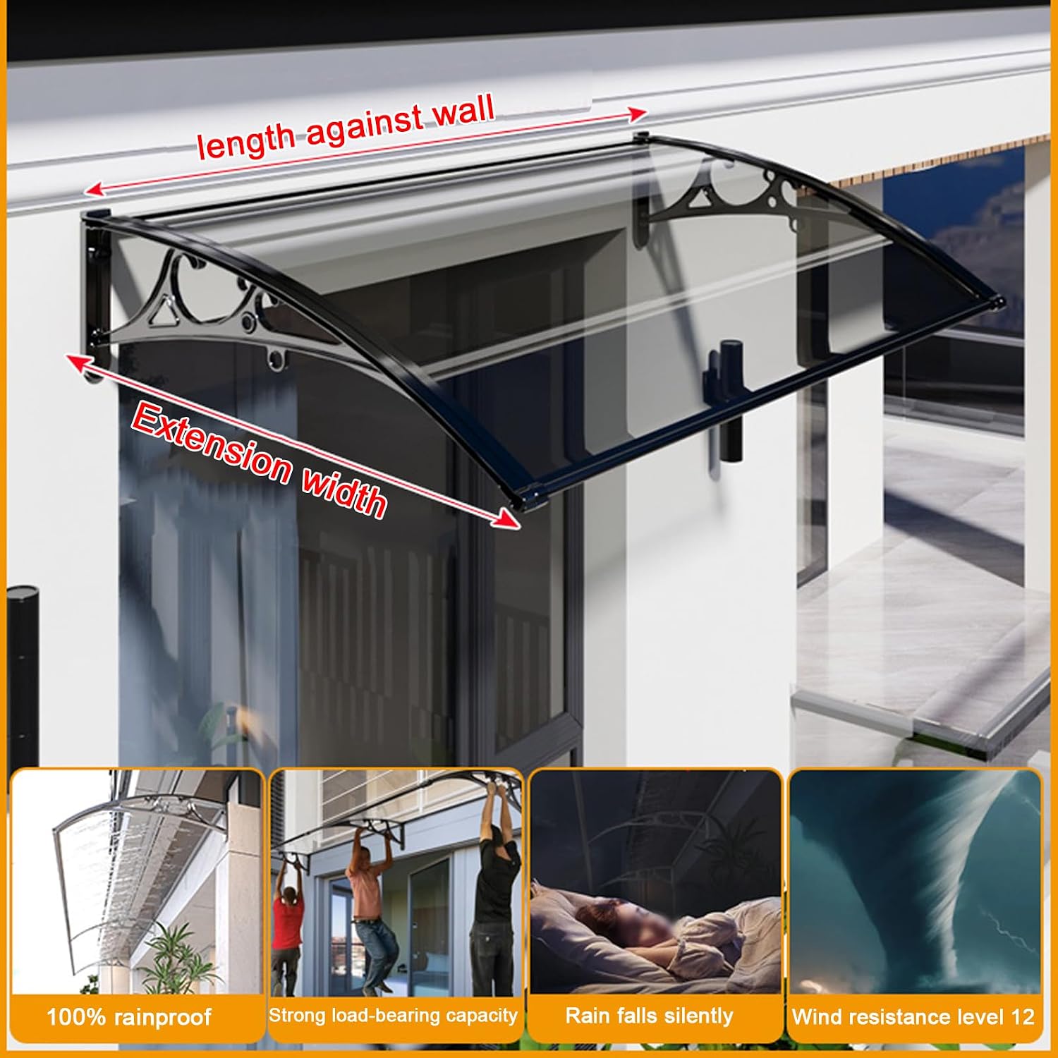 UV Protection Door & Window Awning Polycarbonate Entrance Canopy Veranda Cover 60/80/100/120/150cm Aluminum Frame Awning (80x220cm/32x87)