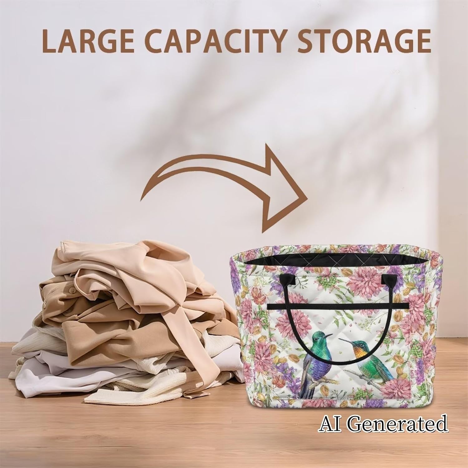 Sunflower Pattern on Postcard Quilted Storage Basket with Pocket Lightweight Sunflower Laundry Baskets Bin Large Capacity Portable Fabric Hamper with Handles for Blankets Clothes image 4