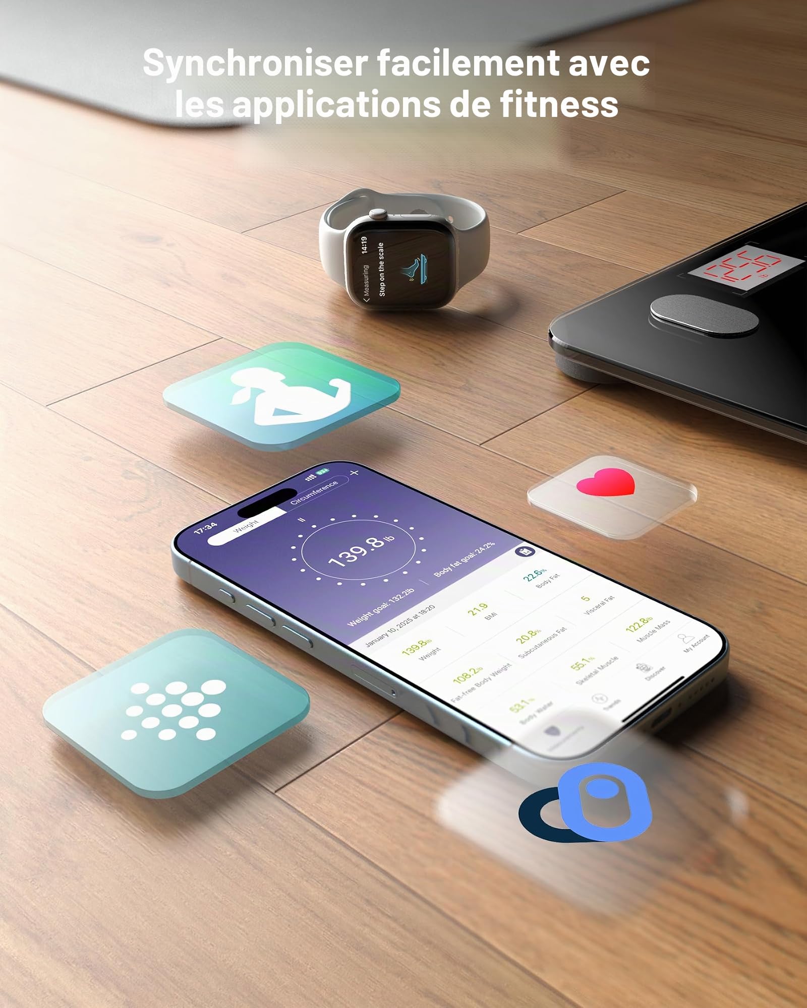 Pèse Personne Impédancemètre, FITINDEX Balance Connecté, Pèse-Personne Bluetooth Balance Salle de Bains Impedancemetre avec 13 Données Corporelles (BMI/Muscle/Graisse Corporelle/Masse Osseuse), Noir