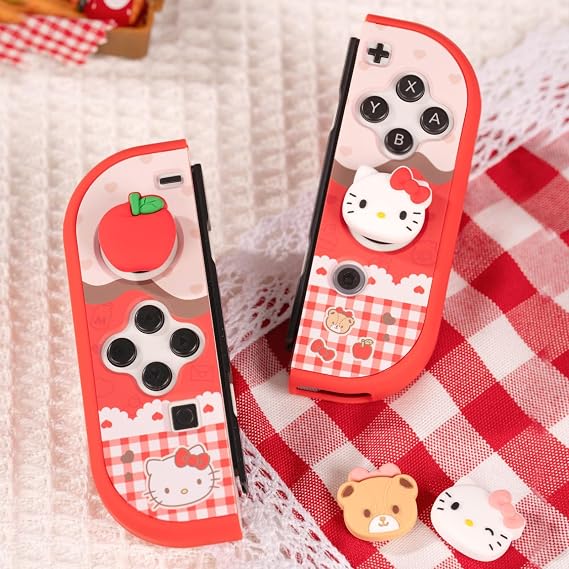 Kuitmor 4PCS Thumb Grips Caps Compatible with Switch/OLED/Lite, Kawaii Charactor Thumbs Grip, Soft Silicone Switch Joystick Cover for JonCon, Cute Cat Style, White & Red