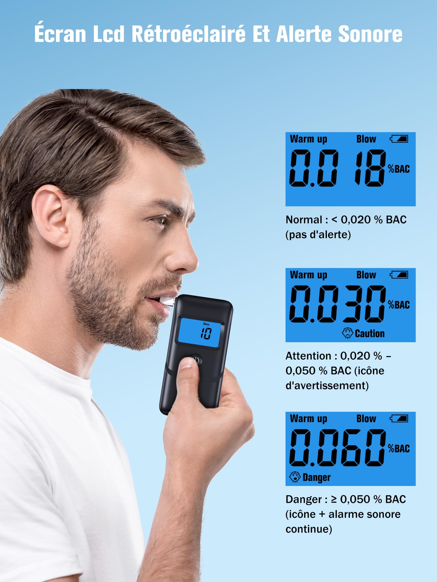 Ethylotest Electronique Homologué Alcootest Professionnel: Éthylomètre Haute Précision avec Affichage Numérique LCD - Portable Testeur d'alcool ave 10 Embouchures - Alcotest Usage Maison Voiture Fêtes