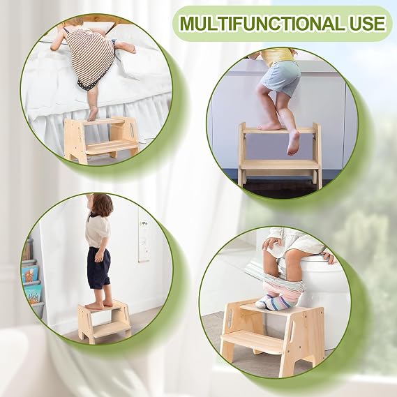Kottwca Wooden Step Stool, 2 Step Stool for Kids with Safety Strip & Handle