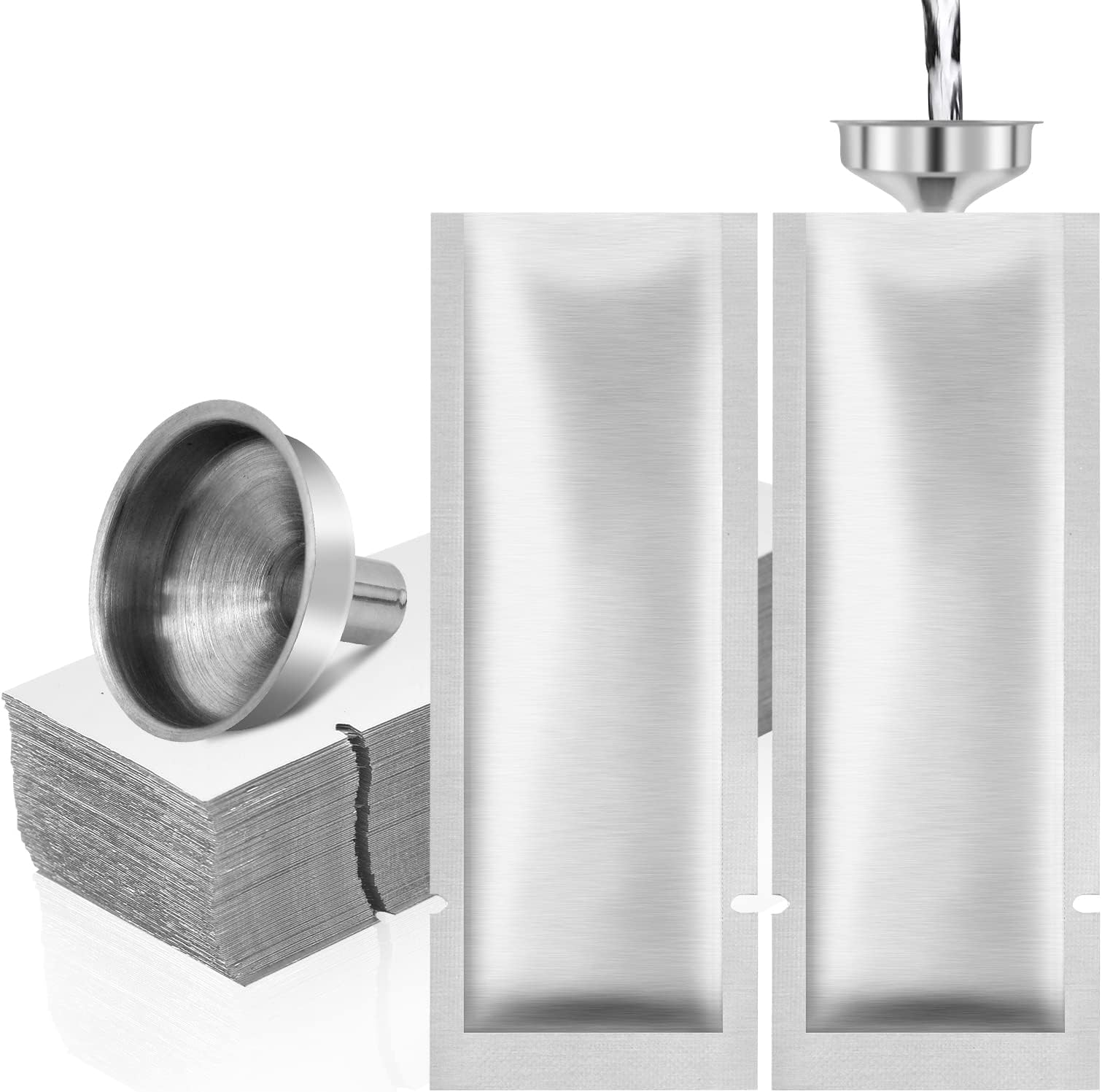 DOSTATNI 100 Pack 1.38x3.94 Inch Heat Sealable Foil Bags with Stainless Steel Mini Funnels Coffee Storage Aluminum Vacuum Pouch for Sampling and Food Packaging