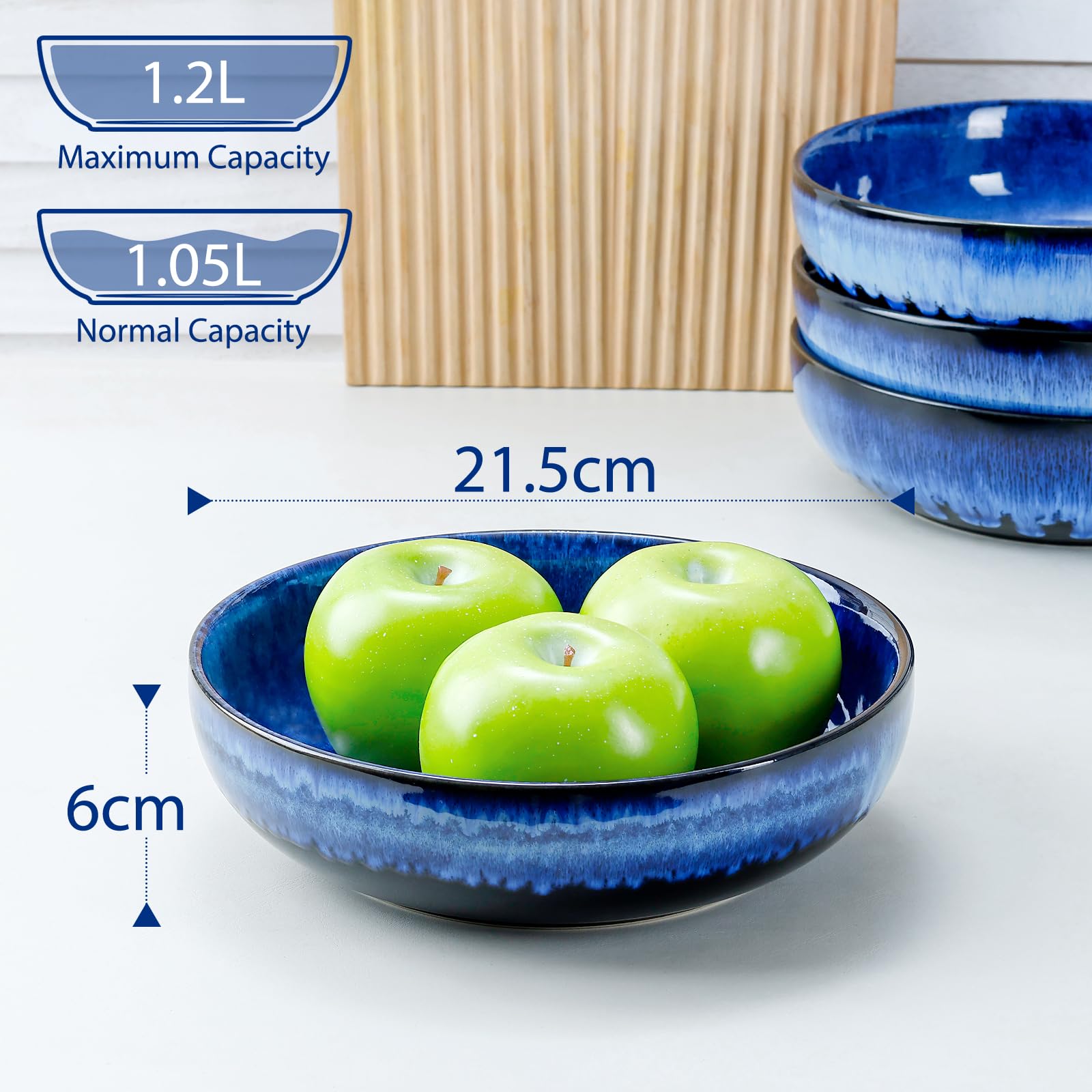 NUTRIUPS Φ 21,5 cm Cuenco de cerámica para servir platos hondos de 1,2 L, juego de 4 unidades, ensaladera de porcelana premium, color azul oscuro