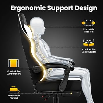 Gaming Chair Gamer Game Ergonomic with Footstool Lumbar Support Deep Black