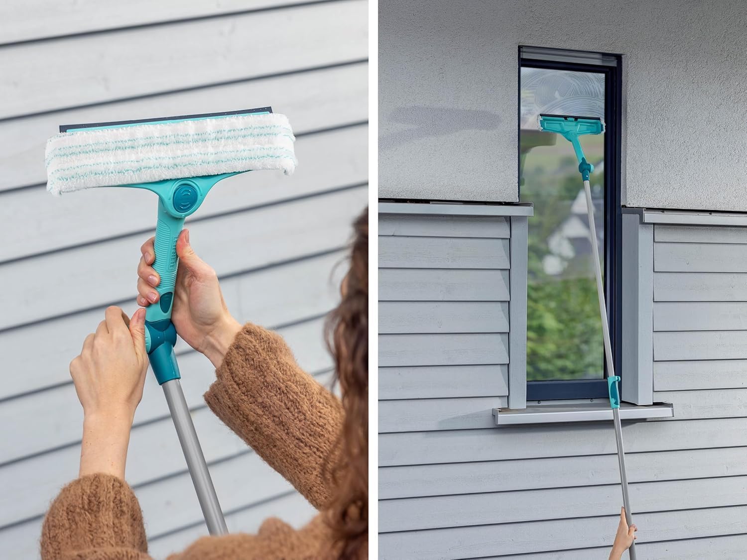 Leifheit 3 in 1 Telescopic Window Cleaner, Window Squeegee with Telescopic Handle 110-200 cm, Extendable Squeegee with Integrated Microfibre Cover