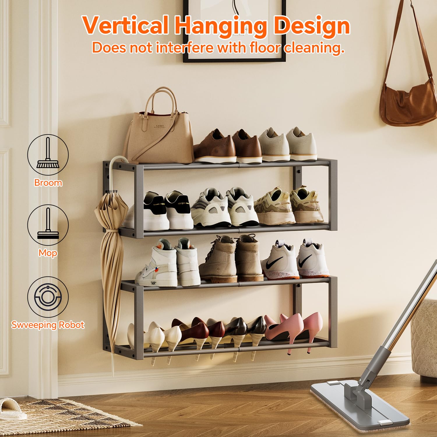 Homeiju Hängender Schuh-Organizer, 2 Stück, Wandmontage, für 12 Paar, platzsparendes Metall-Wand-Schuhregal, Schuhhalter zum Aufhängen für kleine Räume, Eingang, Schrank, Wohnmobil, Wohnmobil (grau)