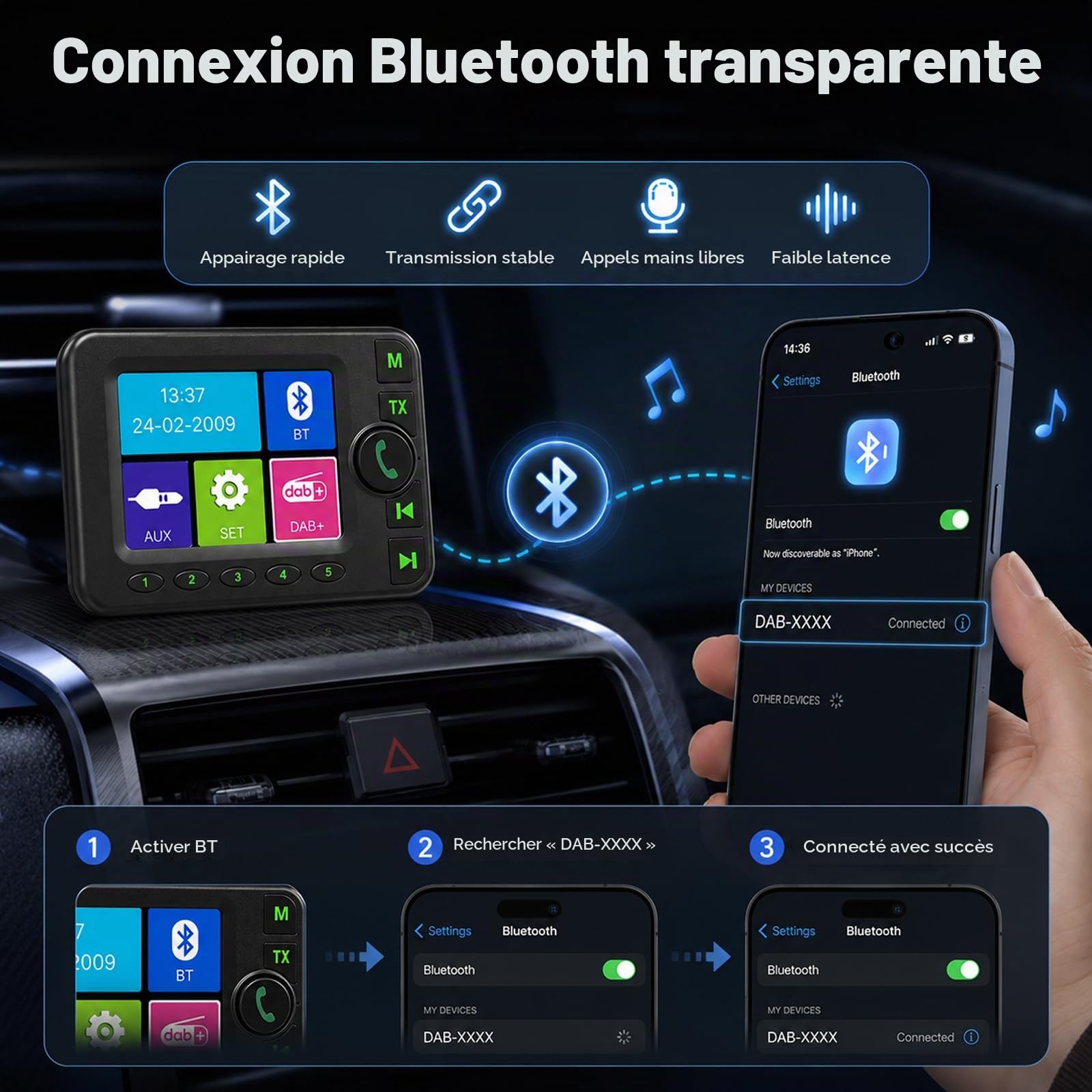 Adaptateur Radio Numérique Dab Dab+ avec 10 Touches de Fonctions Rapides pour autoradio - Écran LCD 2,8 Pouces avec Bluetooth Musique - Lecteur de Musique Dab Adaptateur récepteur Aux Entrée/Sortie