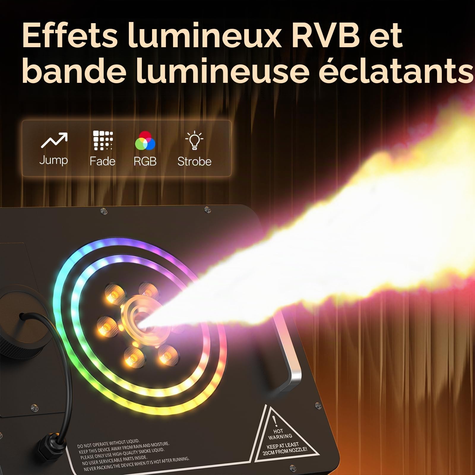 1500W Machine à Fumée avec Télécommande, Wash 6 RGB LED Effets Lumineux Stroboscopiques 3 000 CFM/min Machine à Brouillard Portable DMX512 pour Halloween Mariages Scènes Fêtes
