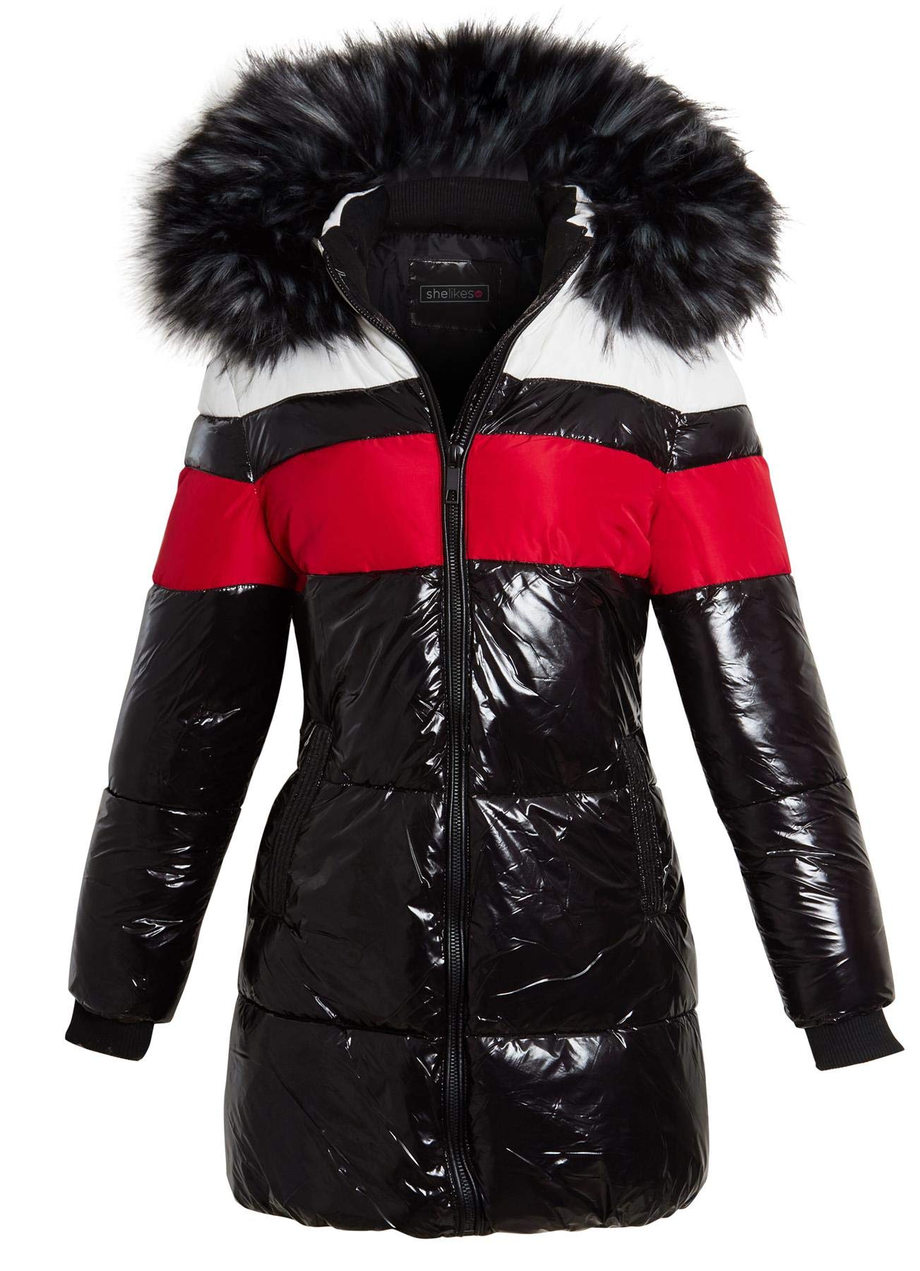 Shelikes Women's Black Coat Designer Winter Padded Parka Quilted Coat Faux Fur Hooded Jacket Winter Warm Jackets