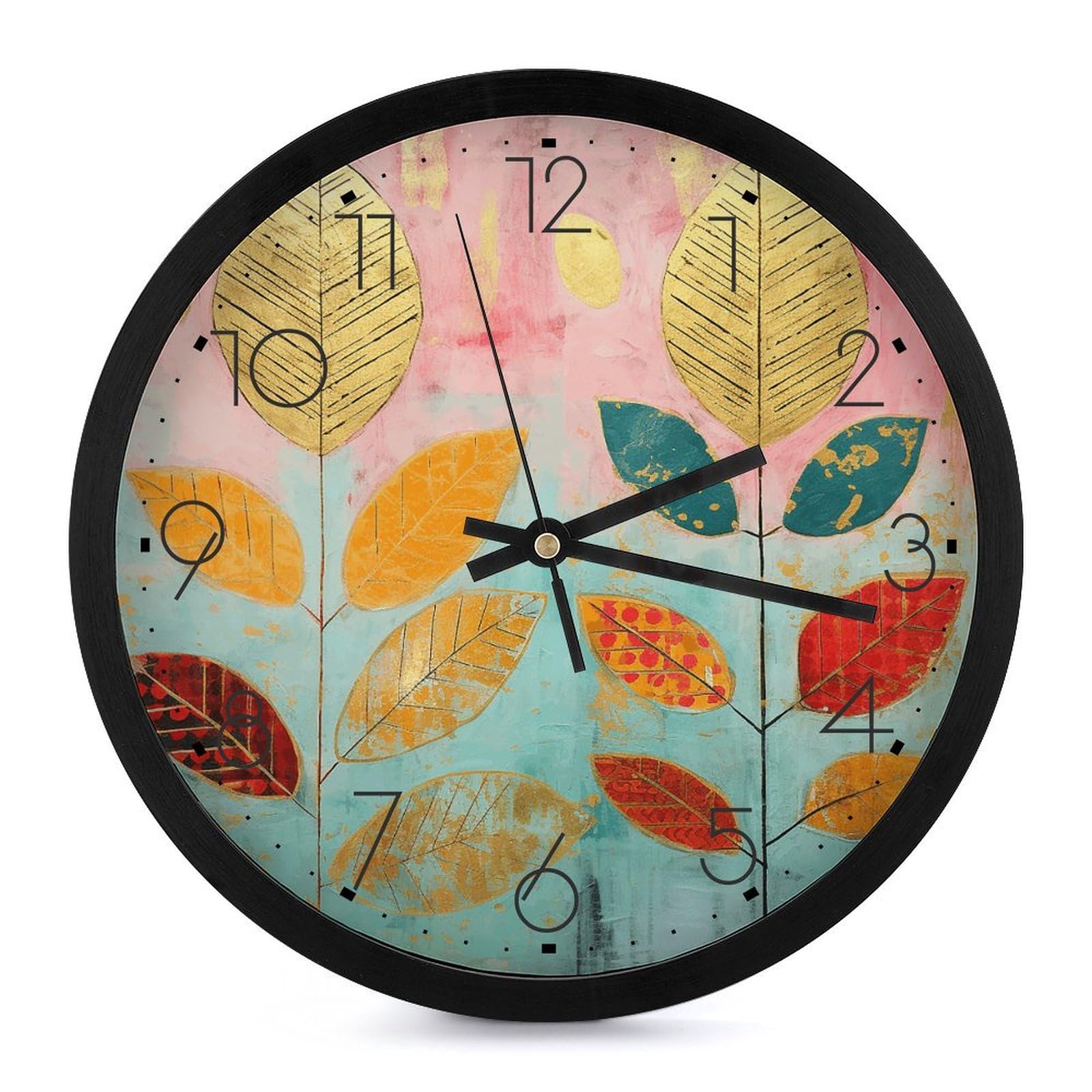 Horloge murale silencieuse de 25,4 cm avec motif de feuilles pour salon et cuisine