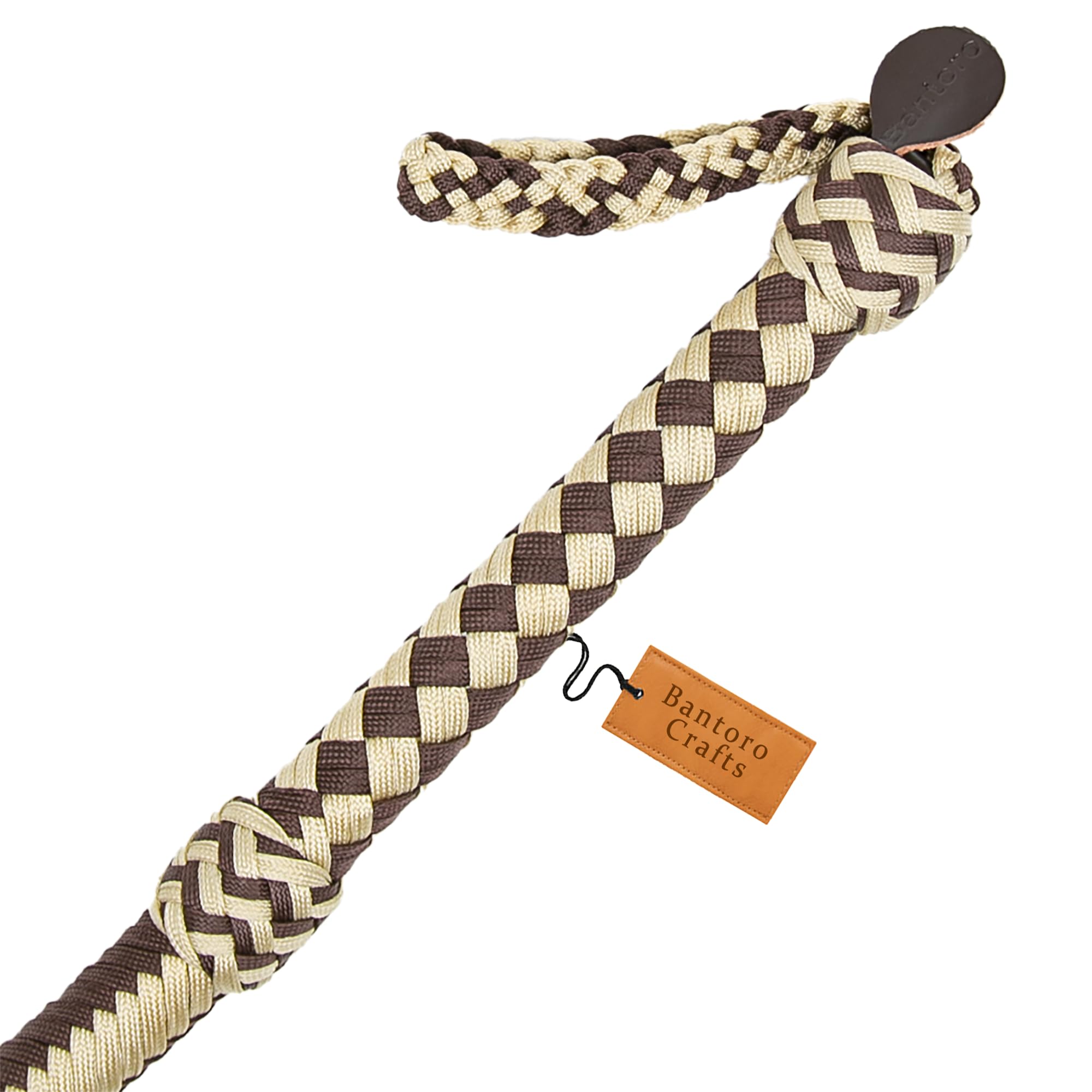Braune und beige Paracord/Nylon-Peitsche, Bullenpeitsche, 16 Zöpfe, geflochtener Lederbauch und Lederpolster im Inneren, Laute knackende Peitsche