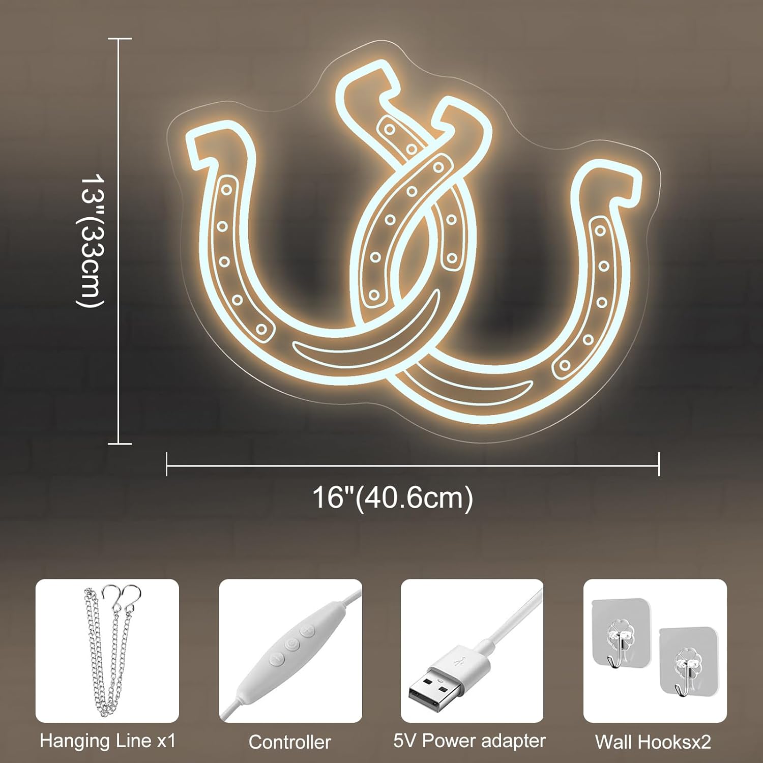 Double Horseshoe Neon Sign – 16" x 13" Warm White Lucky Horseshoe LED Light for Bedroom, Living Room, Bar, Game Room, Farmhouse, Ranch, Western Decor
