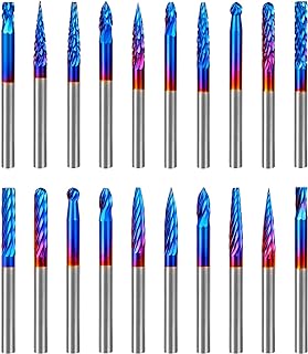 20 Pcs Carbide Rotary Burrs Set, End Mill CNC Router Bit, 1/8" Shank Nano Blue Coating Ball Nose End Mill, Double Cut Coat Rotary Drill for Die Grinder Woodworking, Engraving, Drilling, Carving