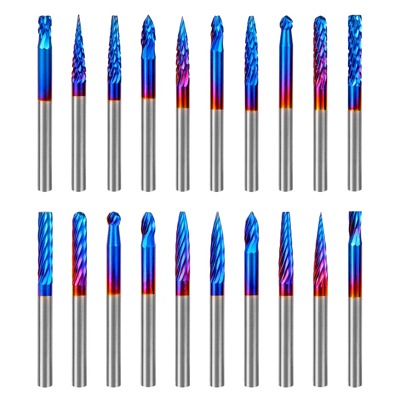 Hakkin 20 Pcs Carbide Rotary Burrs Set, End Mill CNC Router Bit, 1/8" Shank Nano Blue Coating Ball Nose End Mill, Double Cut Coat Rotary Drill for Die Grinder Woodworking, Engraving, Drilling, Carving