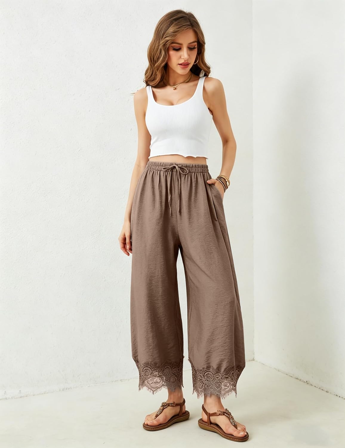 PUWEI Women's Cropped Lace-Hem Pants High Waisted Drawstring Wide Leg Pants Casual Lightweight Trousers with Pockets
