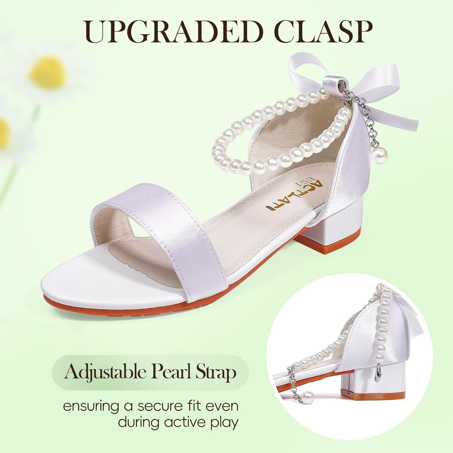 MEJORMEN Girls Heels Flower Dress Shoes Sandals Bow Pearl Ankle Strap Mary Jane Pumps Wedding Party Princess Shoes for Big Girl