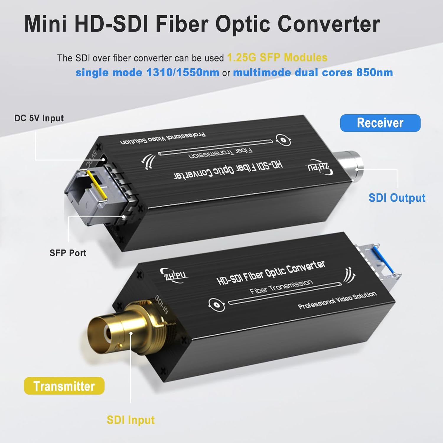 HD-SDI Over Fiber Converter 1080P&30HZ, Mini SDI Fiber Extender Single-Mode 20km, HD Video Optical Transceiver