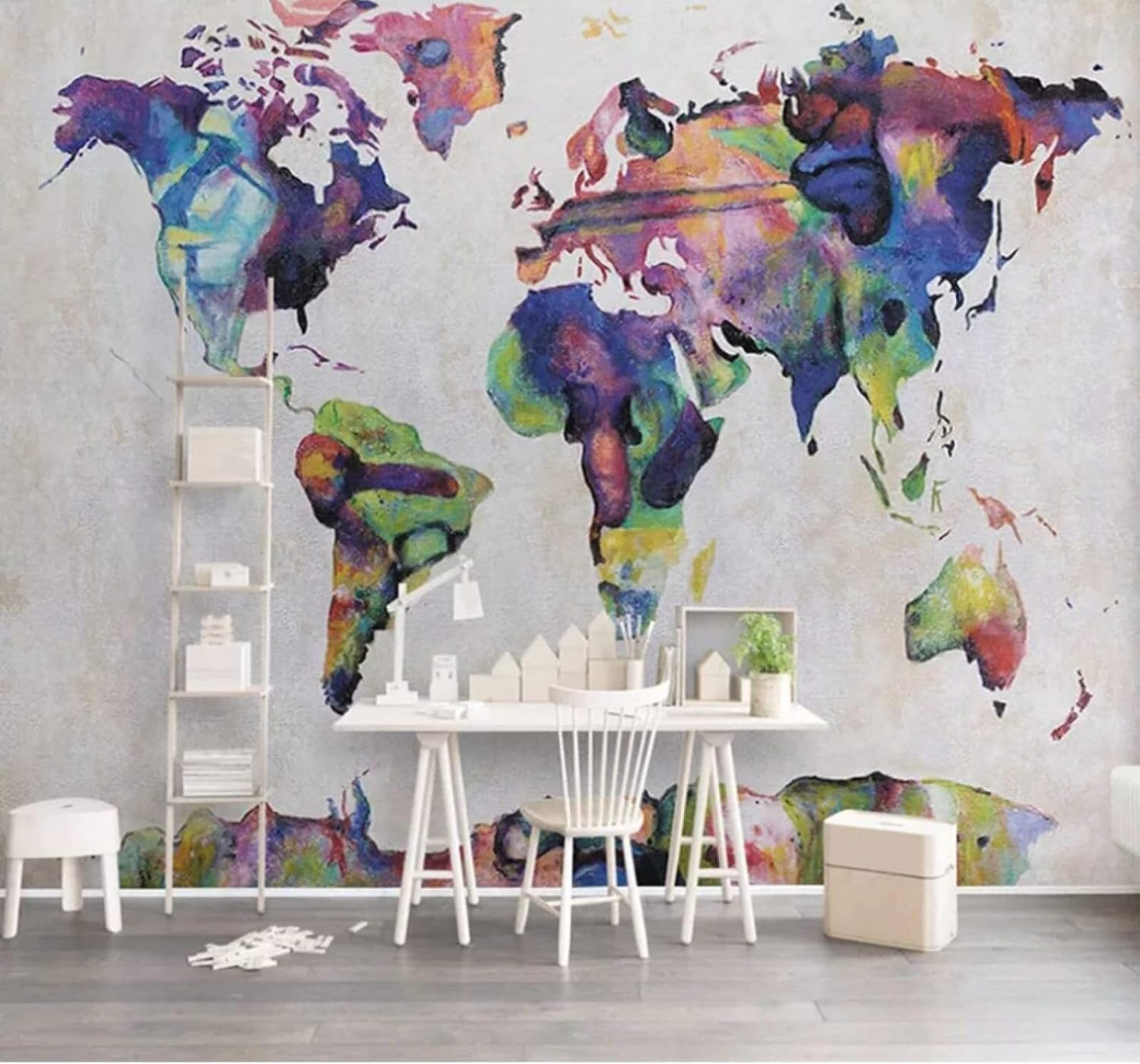 Wallpaper-3D-Xlm 300Cm×210Cm(B×H) Cartoon Retro Abstract Watercolour World Map 3D Wallpaper Easy Install Feature Office Living Room Sofa Bedroom Tv Background Wall Decoration-300Cm×210Cm