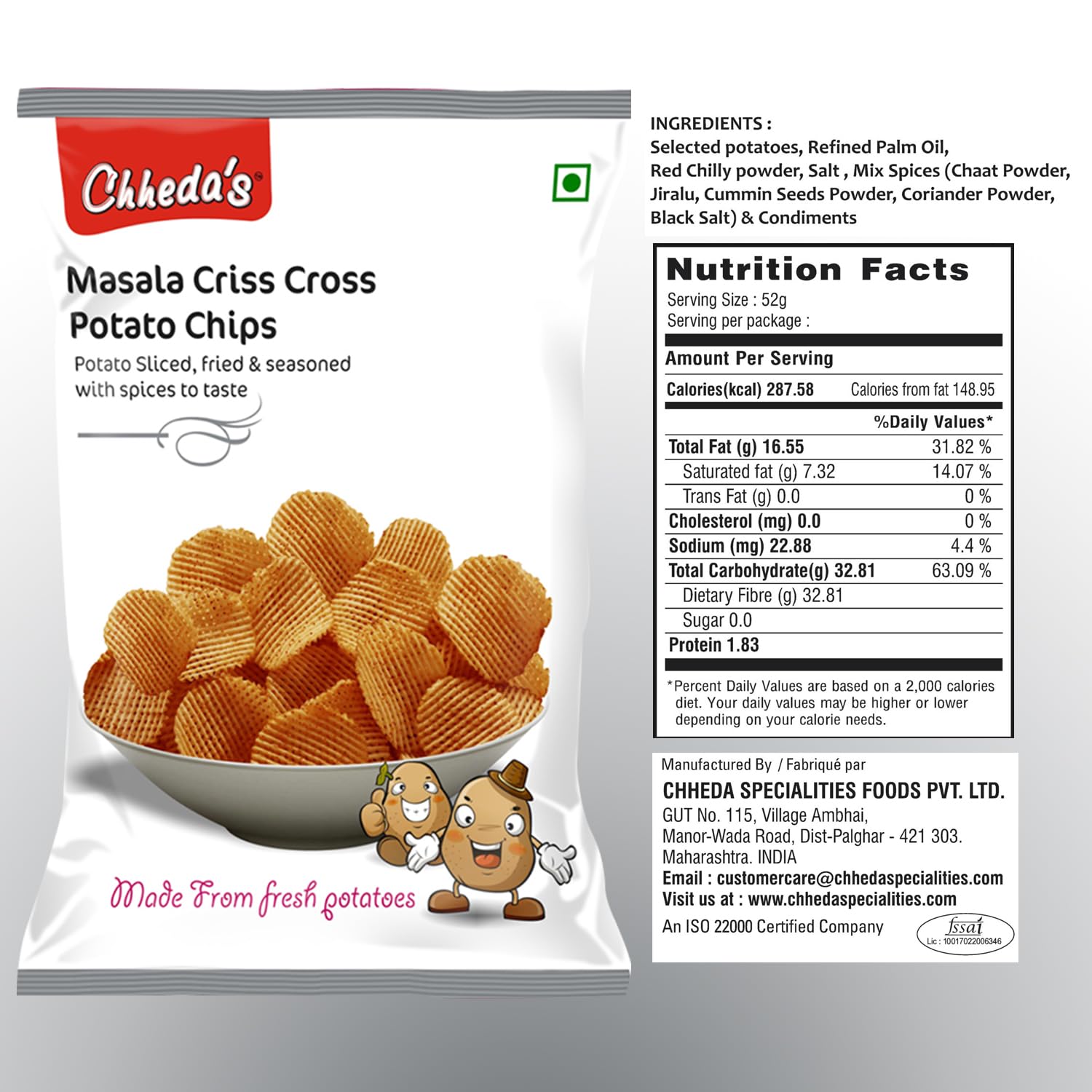 Chheda's - Masala Criss Cross Potato Chips - Potato Wafers - Cripsy Chips - 170Gm Pack of 1