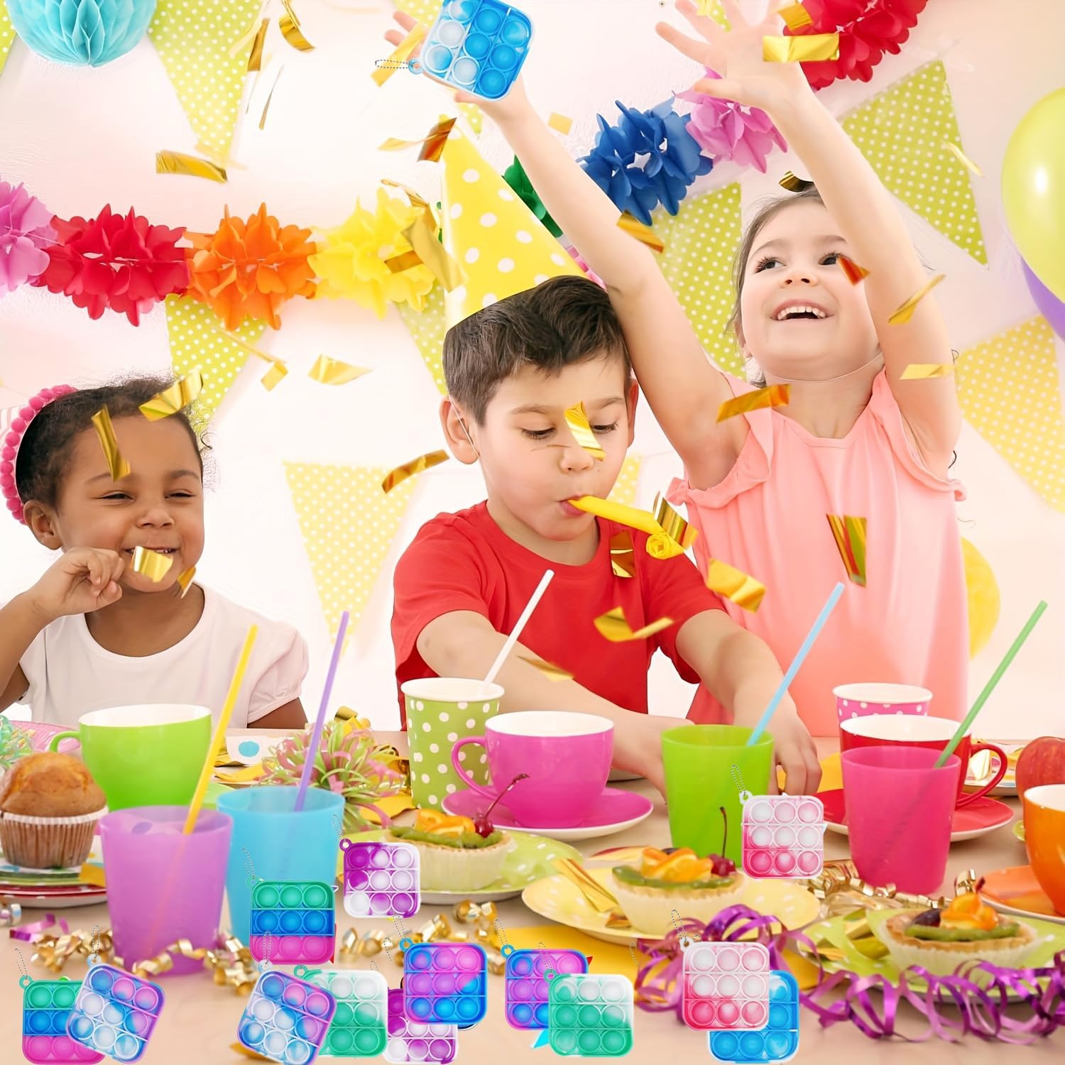 200 Pack Mini Pop Keychain Fidget Toys — Square Sensory Stress Relief Toy Bulk for Kids & Adults | Party Favors, Goodie Bag Stuffers, Classroom Prizes, Birthday