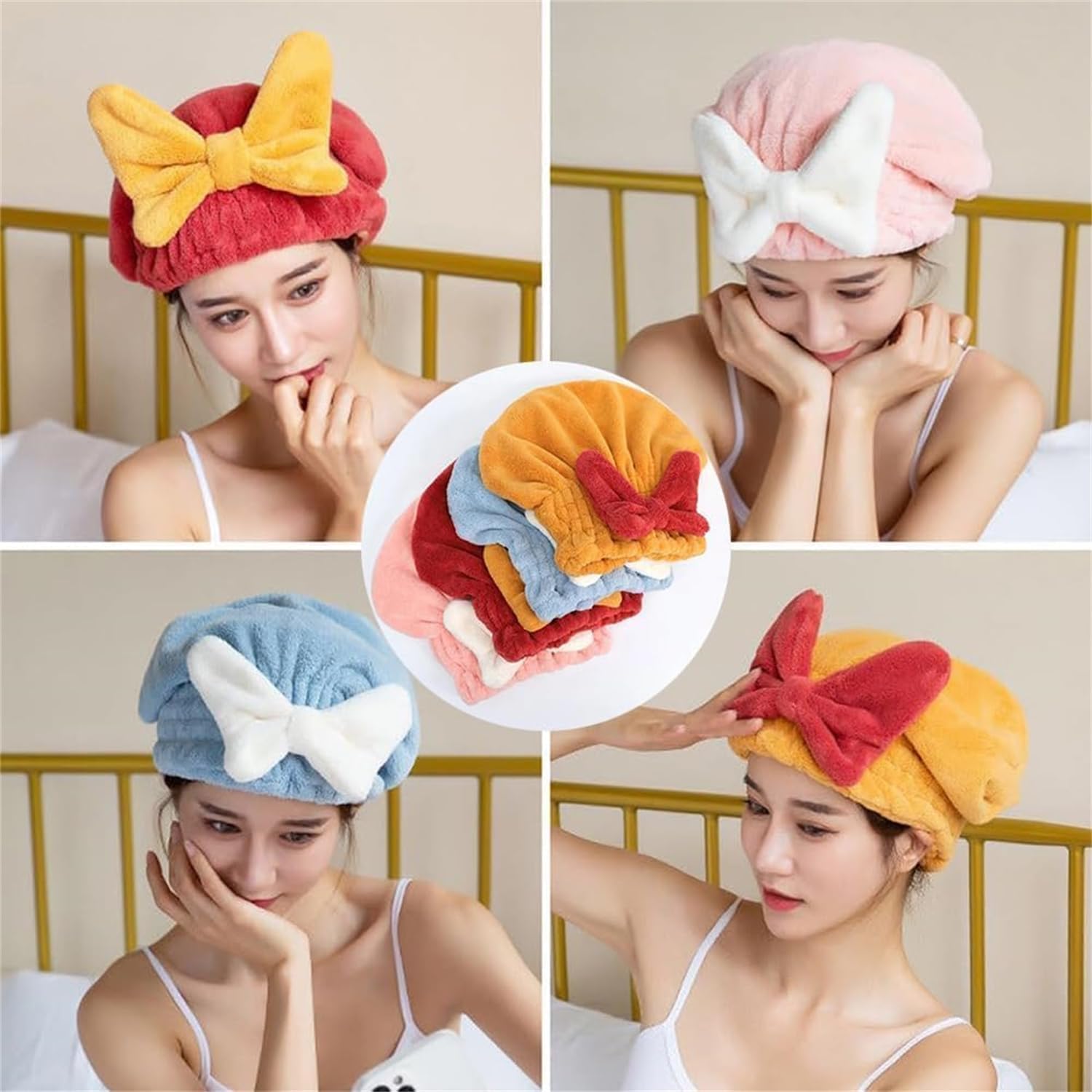 Super Absorbent Towel Wrap With Bow - Fast Drying Turban Cap for Wet Hair - Efficient Wrap for Girls and Women (4PCS)