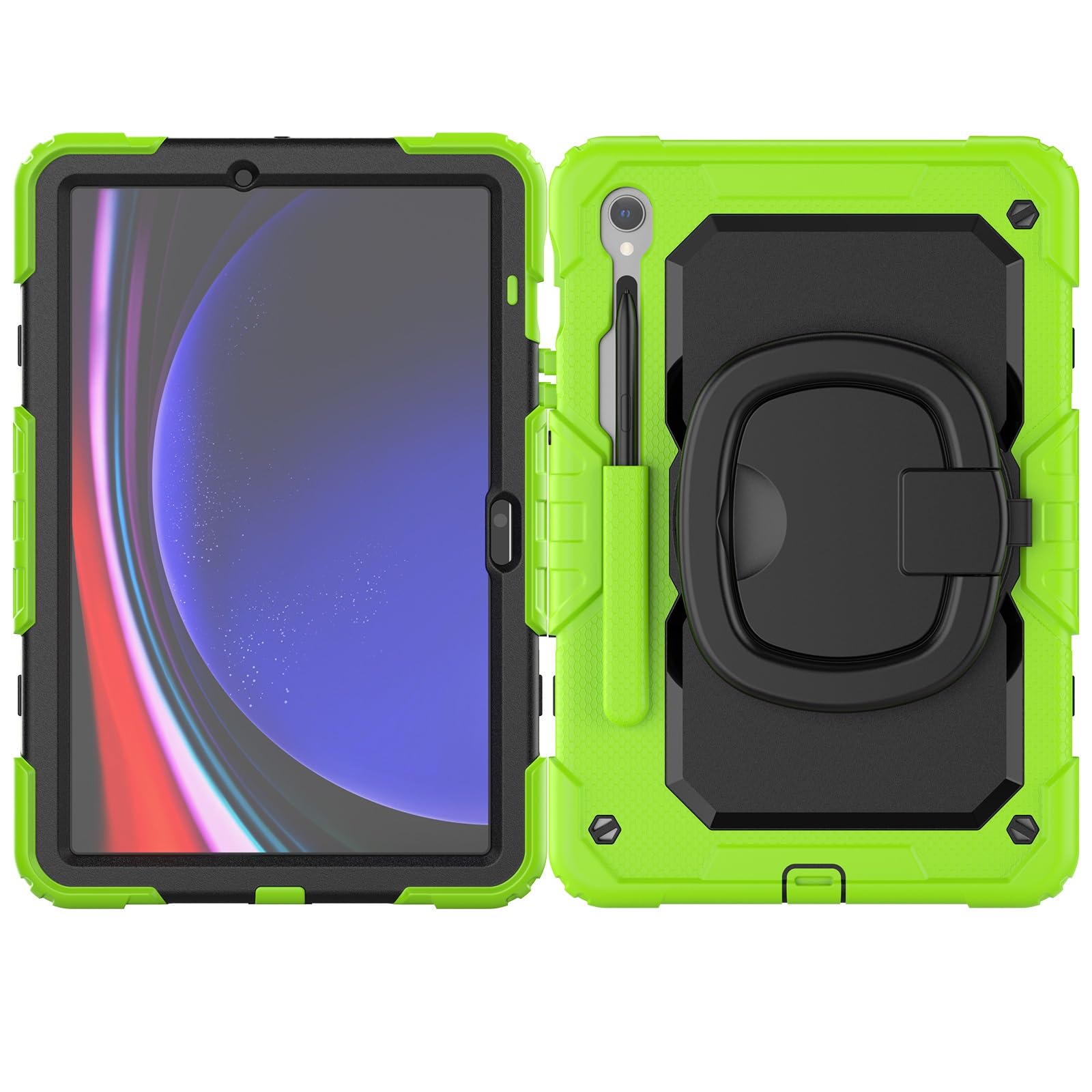 Wytrzymałe, odporne na wstrząsy etui TPU do Samsung Galaxy Tab S9 11 cali 2023 X710/X716B/X718U Etui dziecięce, uchwyt obrotowy 360 stopni, wspornik stojakowy, ochraniacz ekranu + pasek ramię(Ye?il)