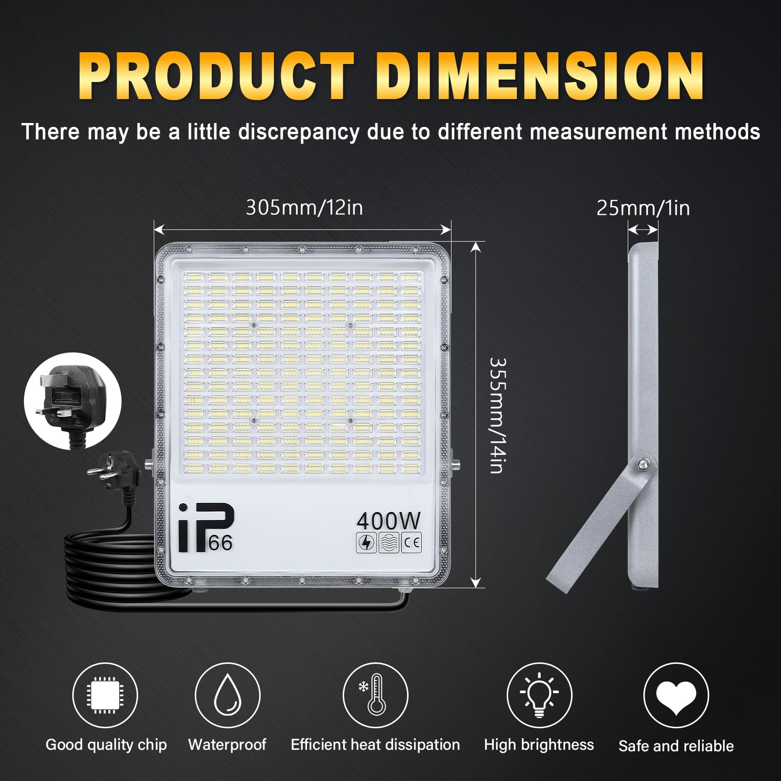 PICAA Zewnętrzne światło LED 400 W, 40000 lm, zimna biel 6500 K, wodoodporny reflektor LED IP65, oświetlenie robocze LED do drzwi wejściowych, magazynu, parkingu, podwórza, ulicy z gniazdem (2 sztuki)
