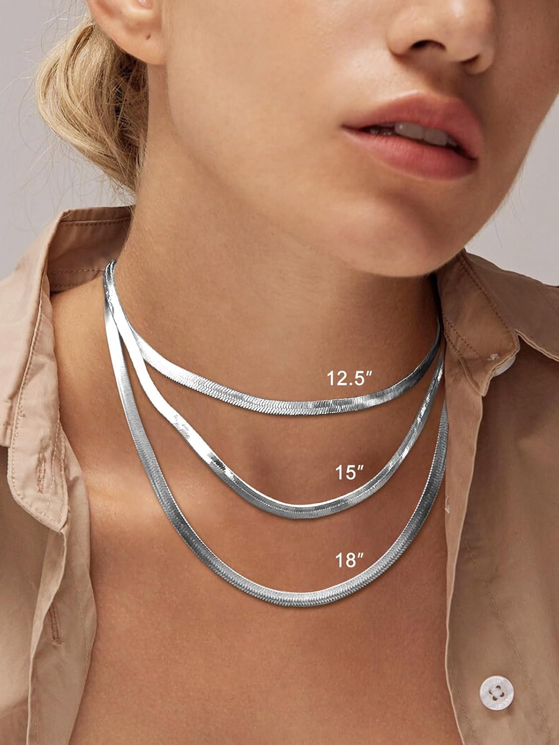 FOCALOOK 14K Gold Plated Necklaces for Women, Fashion Herringbone Choker Necklace Stainless Steel Flat Snake Chain 3/5MM(W) 12.5"/15"/18"+3.5"(L) - Image 2