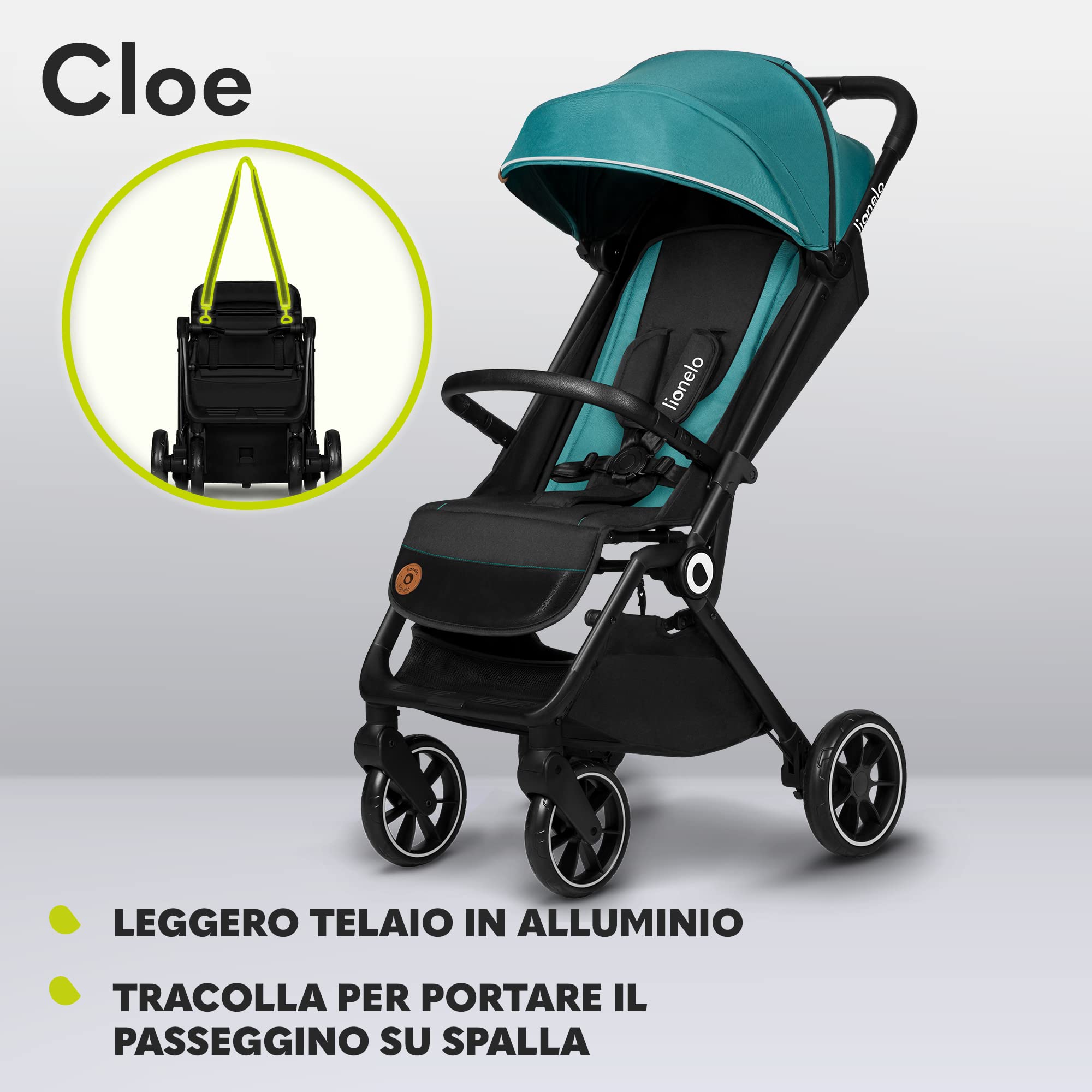 LIONELO Cloe Passeggino Leggero e Pieghevole per bambini da 6 a 48 Mesi | Passegino Compatto fino a 22 kg, Schienale Reclinabile, Posizione Distesa, Cinture a 5 Punti, Ruote XXL, Zanzariera