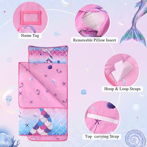 Miniatura 2 de Wowelife Tapete para siesta para niños pequeños con almohada y manta, tapete morado para siesta de sirena para niñas, tapete de siesta preescolar