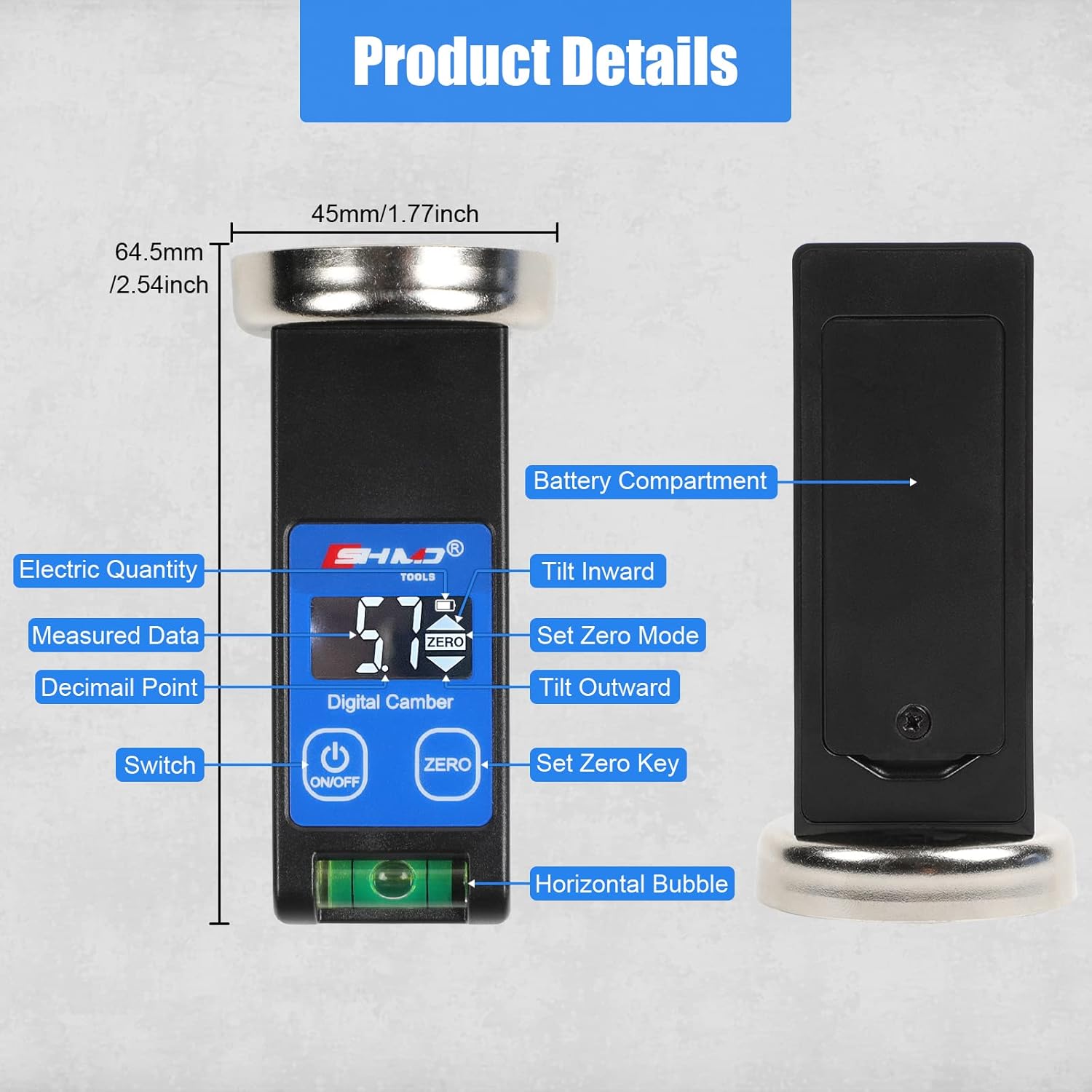 Digital Wheel Camber Gauge Alignment Tools -90° to +90°,Universal Accurate Wheel Balancing Tools with Digital Display Horizontal Bubble Tube & Reset Key, Magnetic Camber Alignment for Truck RV