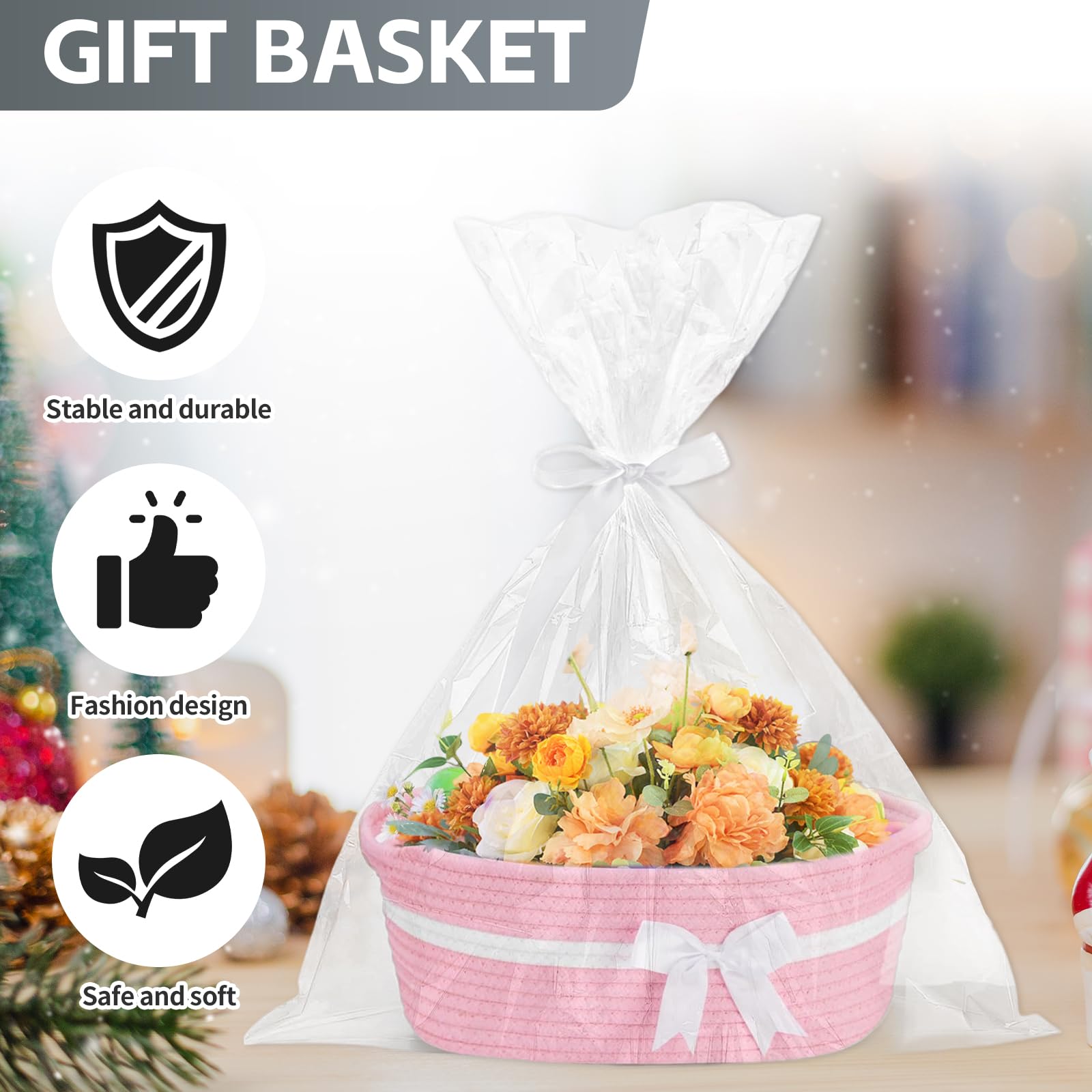 Panier cadeau, panier de rangement ovale tressé vide avec sac cadeau et rubans, panier de rangement pour collations, jouets, cadeaux, anniversaire, Thanksgiving, Noël (rose/blanc)