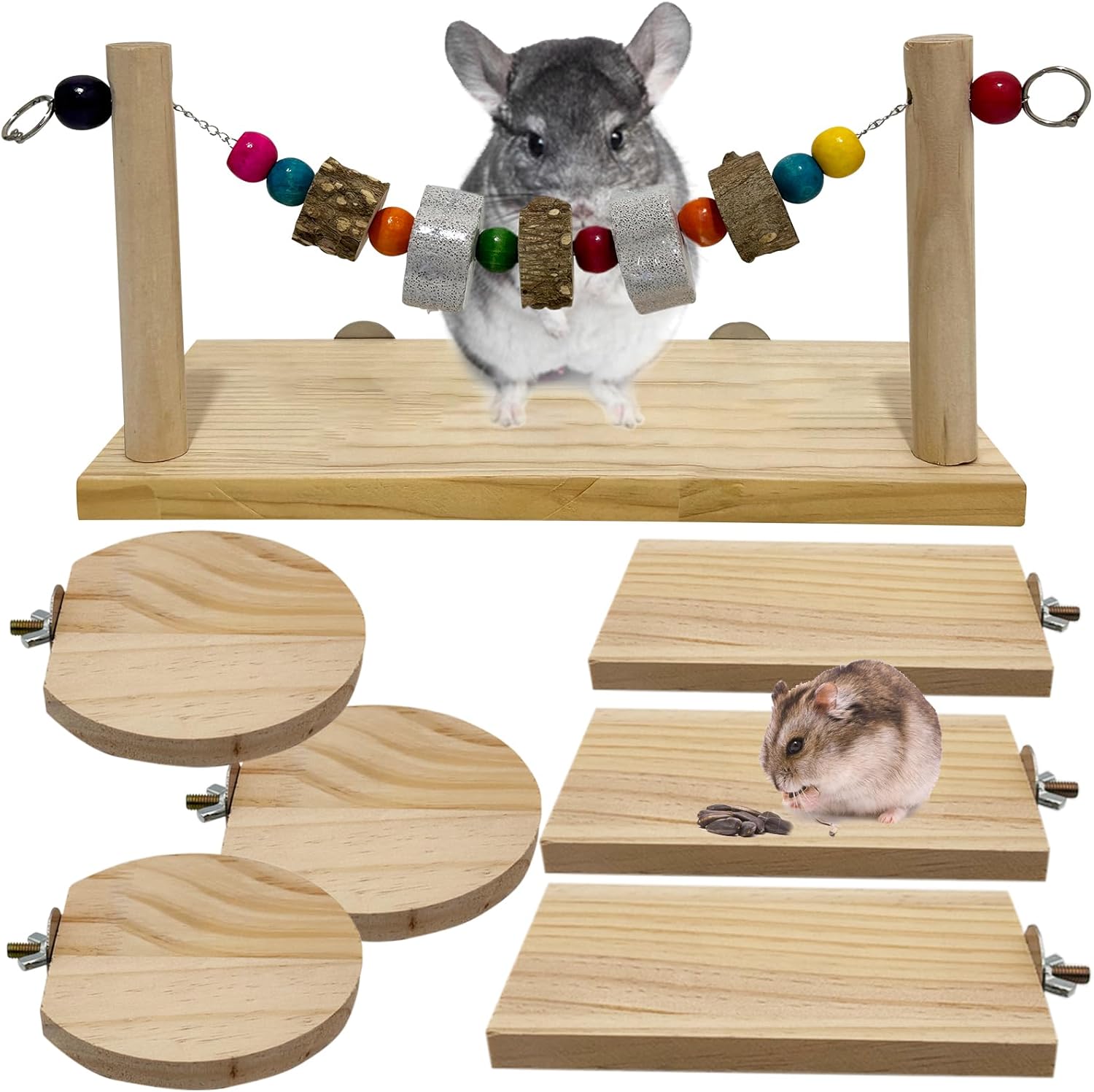 7 Pcs Chinchilla Ledges Wood Sets, Hamster Wooden Stand Platform with Lava Ledge Blocks Chew Toys Small Animal Cage Accessories for Rat Gerbil Guinea Pig Parrot Chipmunk Squirrel Mouse
