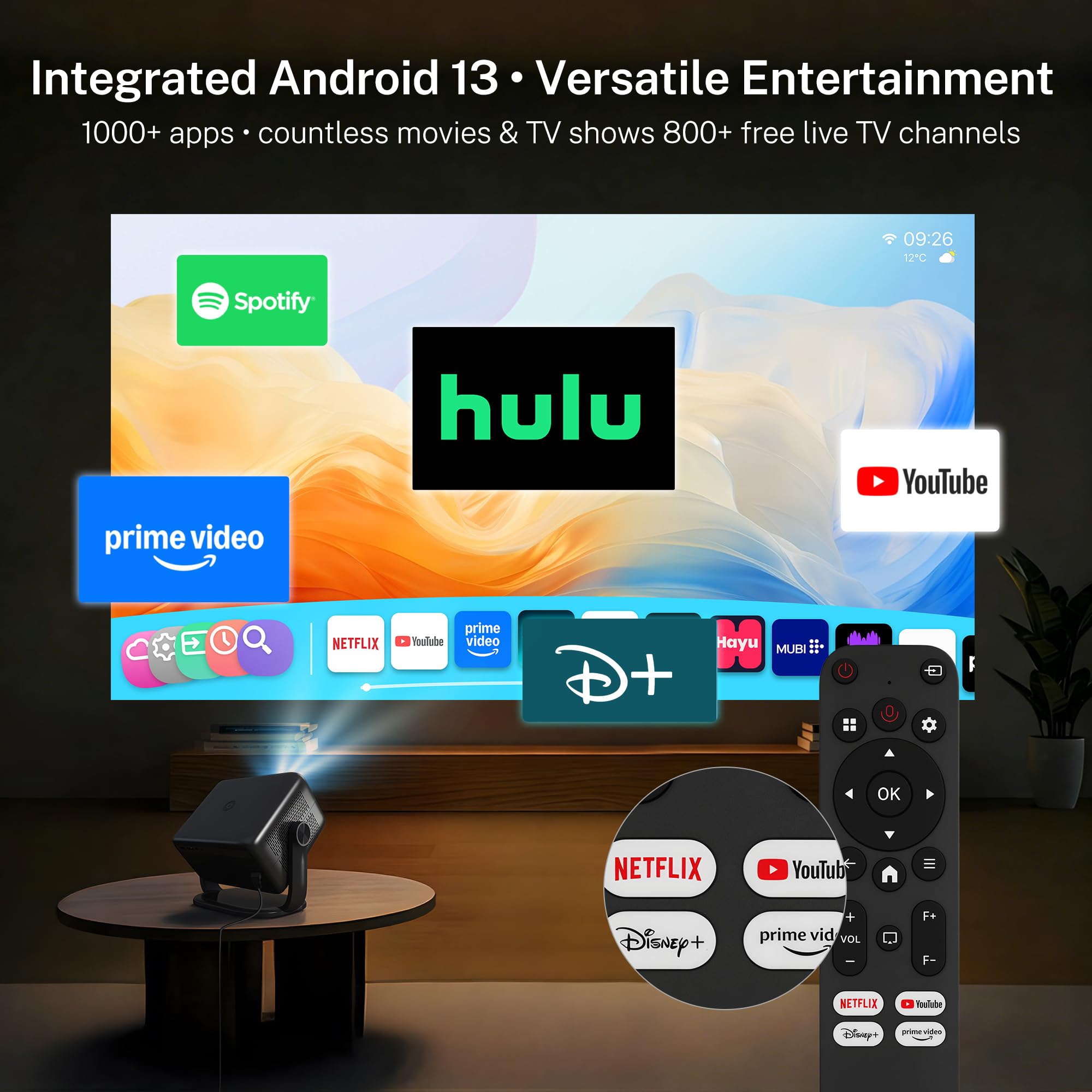 [Compatibile con Netflix e 1080P Nativo] Smart Proiettore Android 13 | 800 ANSI, Supporta 4K, Telecomando Air Mouse, Messa a Fuoco e Correzione Automatica IA, WiFi e Bluetooth, Audio Hi-Res