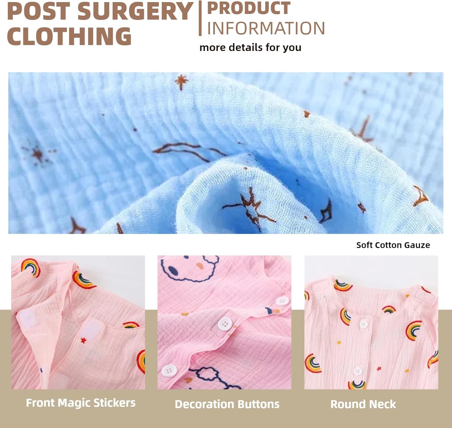 WEEOATAR Kids Hospital Gown Clothes for Post Shoulder Surgery Broken Arm Clothing, Full Open, Easy to Wear with Magic Stickers on Both Sides Suitable for Boys and Girls (Blue, 120cm/47.2in)