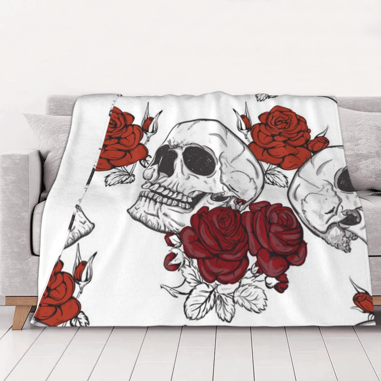 AUBKFELD Floral Skull Printed Flannel Blanket 102x76 CM, Soft & Warm Throw Blanket for Sofa/Couch/Bed/Car, Gifts for Audlts Women Men